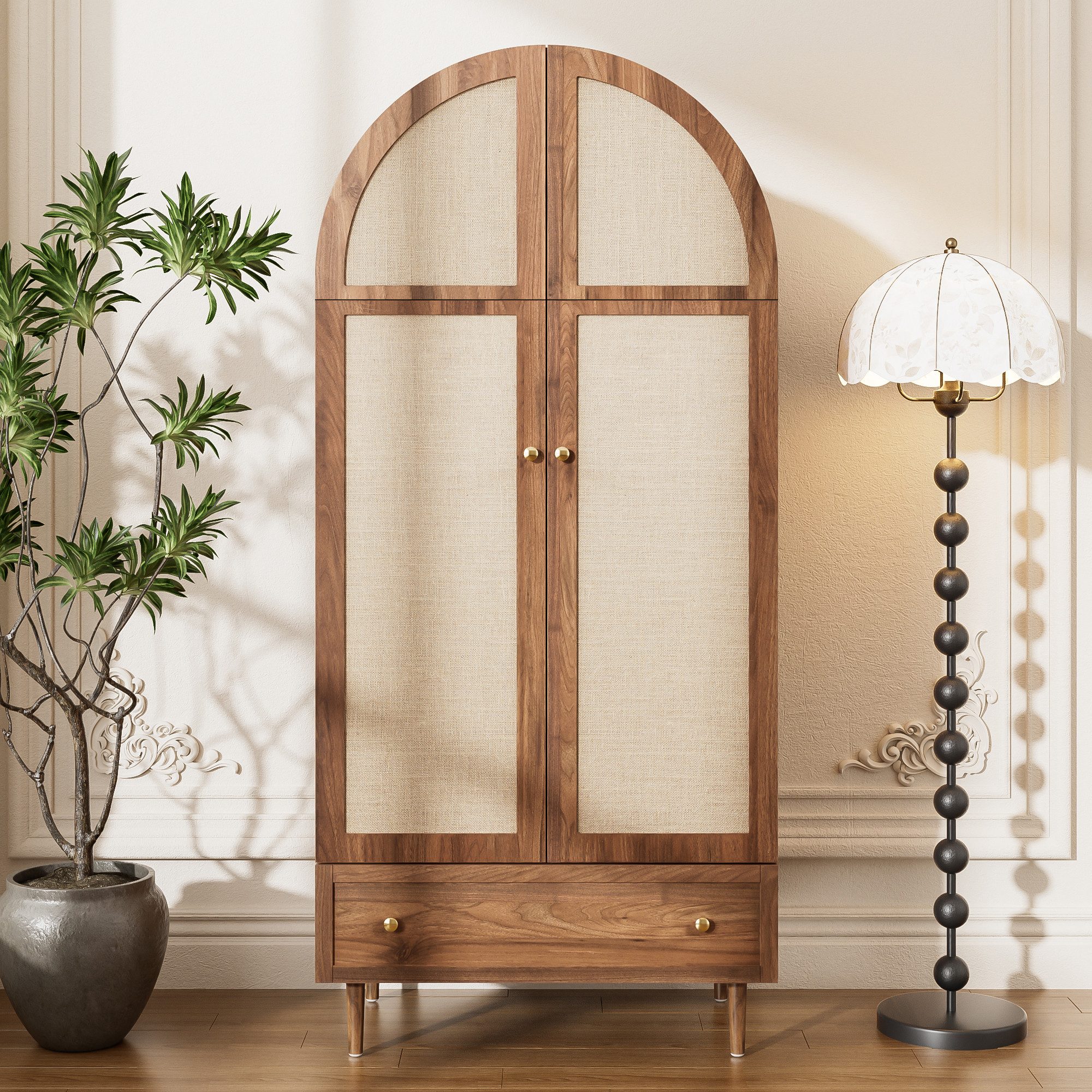Celya Kleiderschrank mit Schubladen, moderne Aufbewahrungslösung (Holztüren mit Leinenstoff-Bezug, großer Stauraum) ideal für Schlafzimmer und Gästezimmer