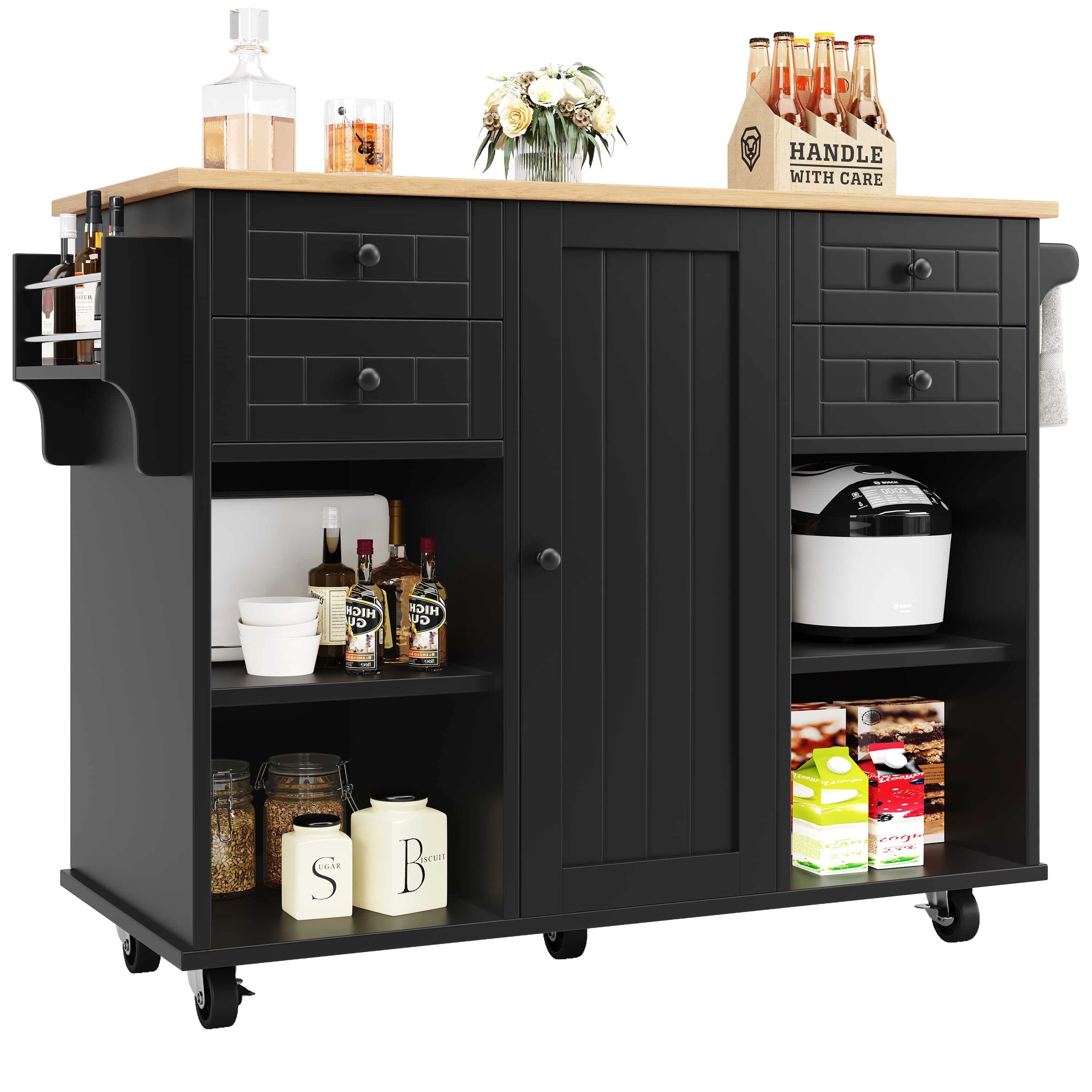 BBWL Кухниinsel Moderne Кухниinsel mit Holzmaserung 127×46×91,5 cm, (multifunktionaler Кухниschrank), mit Stauraum, herausnehmbaren Trennwänden und 360° drehbaren Rollen