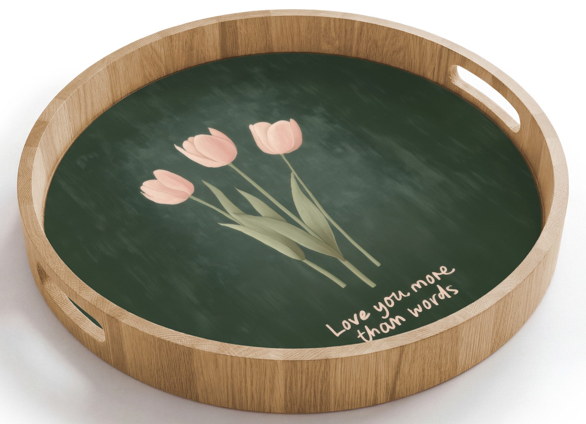 OnlyWow Tablett Rund mit Henkel Tulpen - Rosa - Text - Liebe, Eichenholz, (1-tlg), Siervierplatte, Tray, Frühstücksbrett