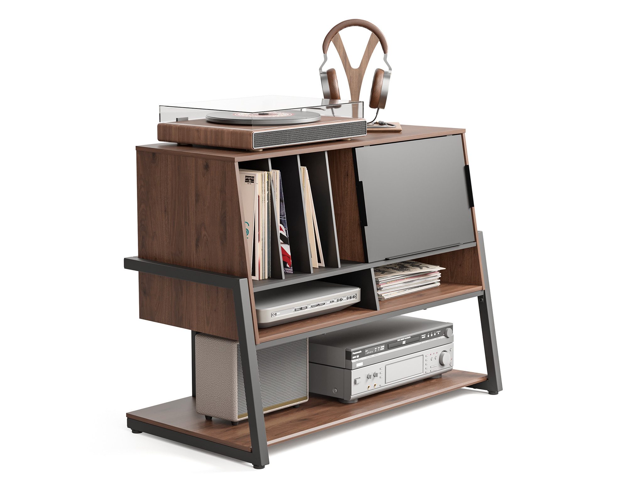 FITUEYES TV-Ständer großes HIFI-Rack mit 4 Fächern, Holzoptik, (Platz für bis zu 120 Schallplatten, Vintage-Look)