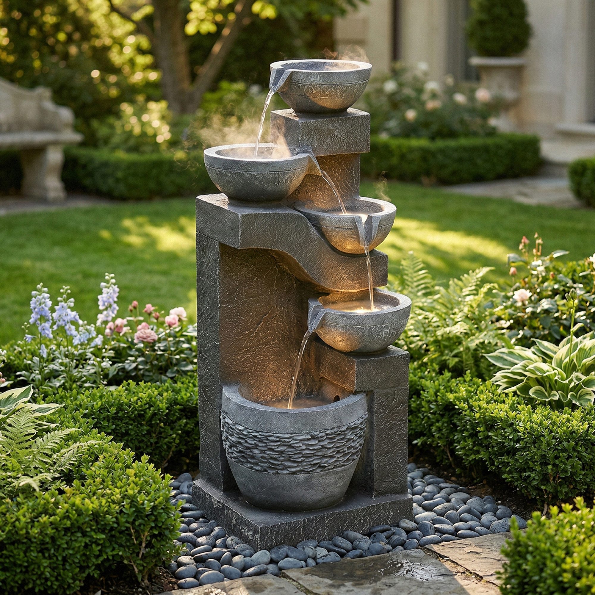 OKWISH Gartenbrunnen mit LED-Beleuchtung & Wasserpumpe aus Harz – Steinoptik, 33,5 cm Breite, (Packung, 1 tlg., Zimmerbrunnen), Kunststein-Optik mit Zierbecken, Wasserspiel für Terrasse & Garten