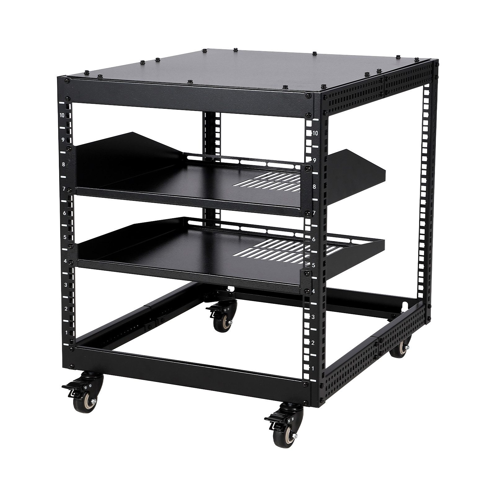 GarveeMore PC-Gehäuse Stabiles offenes Server-Rack aus Stahl – verstellbare Tiefe 58–102 cm, 2x 1U belüftete Ablagen, abschließbare Rollen –freistehend – bis 227kg