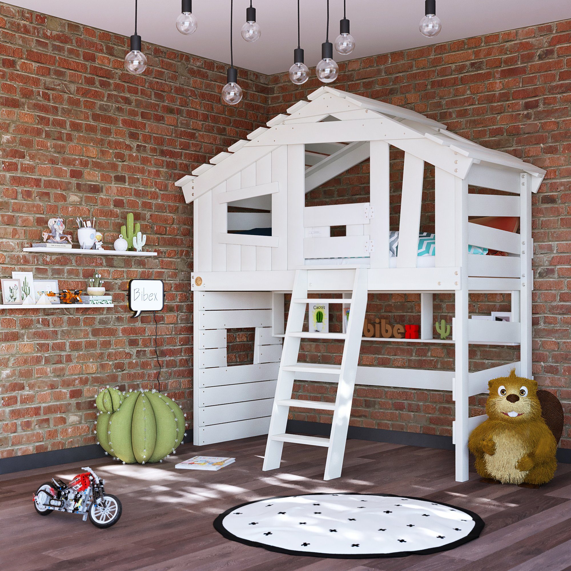 bibex Hochbett ALPIN CHALET Hochbett, Kinderbett, Doppelbett - Creme-Beige