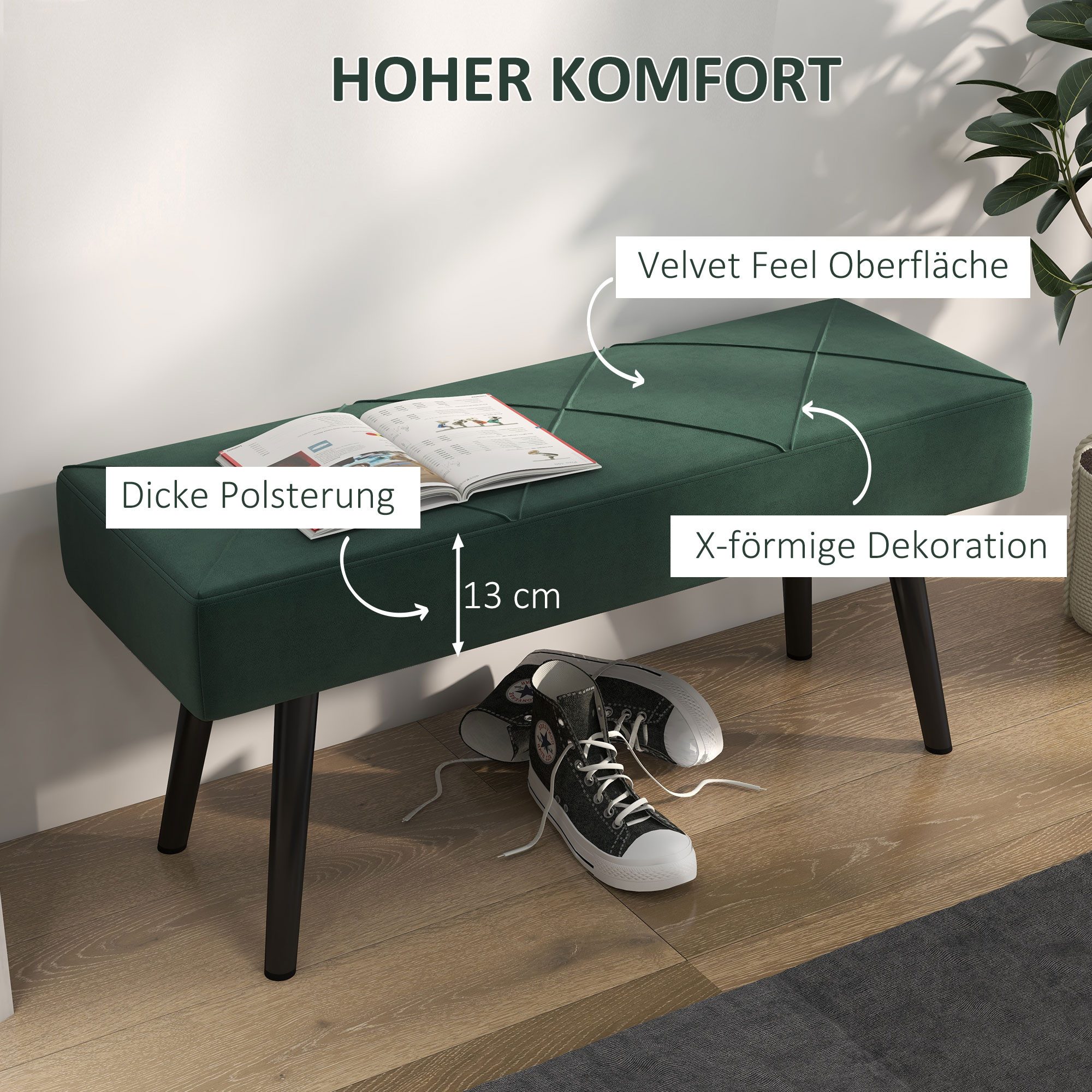 HOMCOM Polsterbank Sitzbank in Samtoptik, Stahlbeine, Schuhbank für Wohnzimmer, Flur (Flurbank, 1-St., Bettbank), für Schlafzimmer, 100 x 36 x 45 cm, Grün – Bild 4 von 5