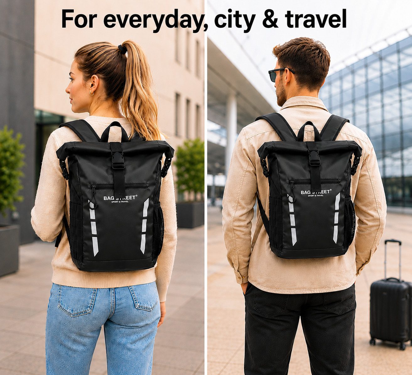 BAG STREET INTERNATIONAL Cityrucksack Wasserdichter Rolltop Kurier Rucksack gepolstert Brust- und Hüftgurt, wasserdicht