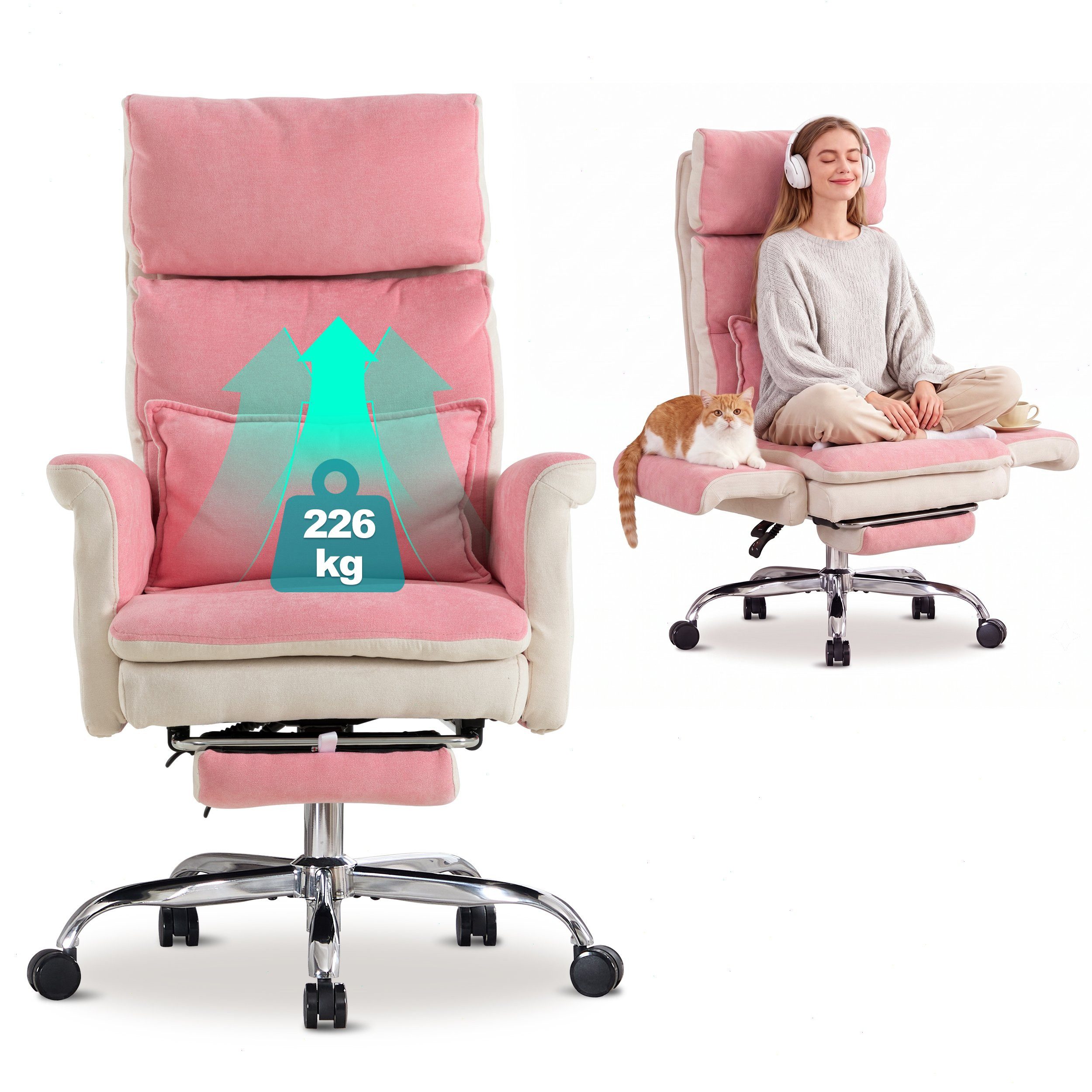 UEV Bürostuhl Ergonomisch mit Fußstütze Verstellbarer Kopfstütze (mit klappbare Armlehnen, verstellbarer Kopfstütze bis 226kg), Verstellbare Kopfstütze bis 90°, Verstellbare Rückenlehne bis 150°