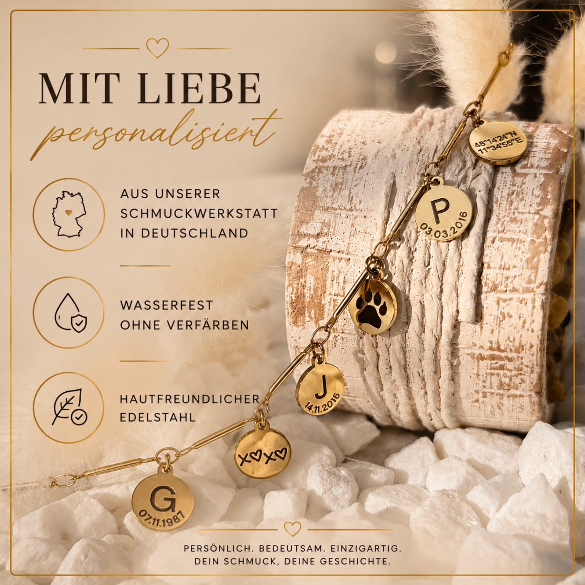 BS Schmuckdesign Kette mit Anhänger mit Gravur Halskette personalisiert Gravurkette persönliche Kette 18K vergoldet (inkl. Gravur), personalisiert inkl. Geschenkbox