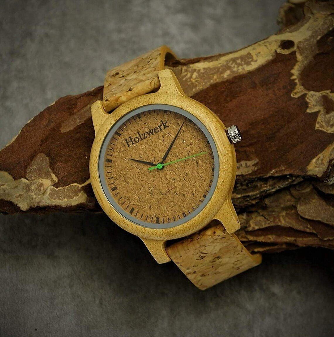 und in beige Uhr Quarzuhr Leder mit Herren EUTIN Kork & Damen Holz Holzwerk Armband