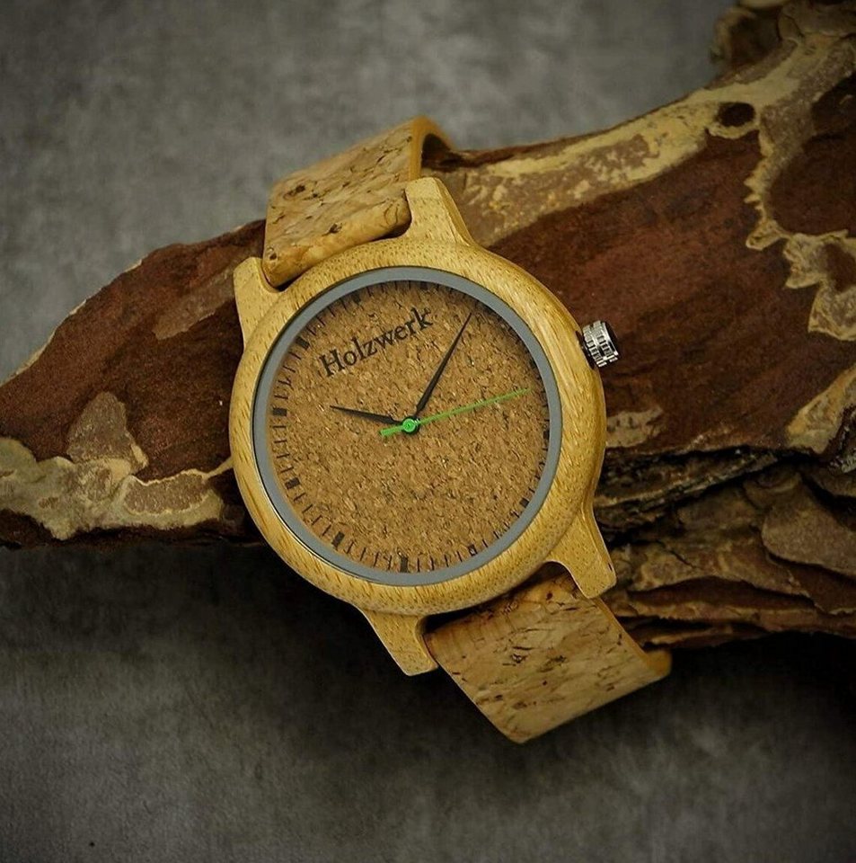 Holzwerk Quarzuhr EUTIN Damen und Herren Holz Uhr mit Kork & Leder Armband  in beige