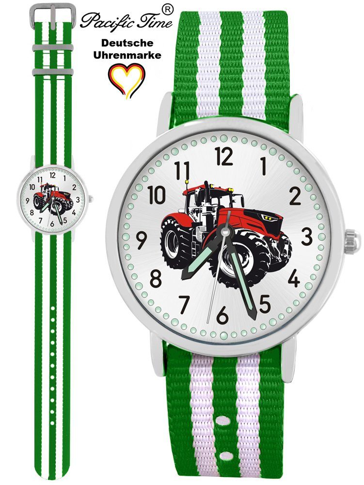 Pacific Time Quarzuhr Kinder Armbanduhr Traktor rot Wechselarmband, Mix und Match Design - Gratis Versand grün weiß gestreift
