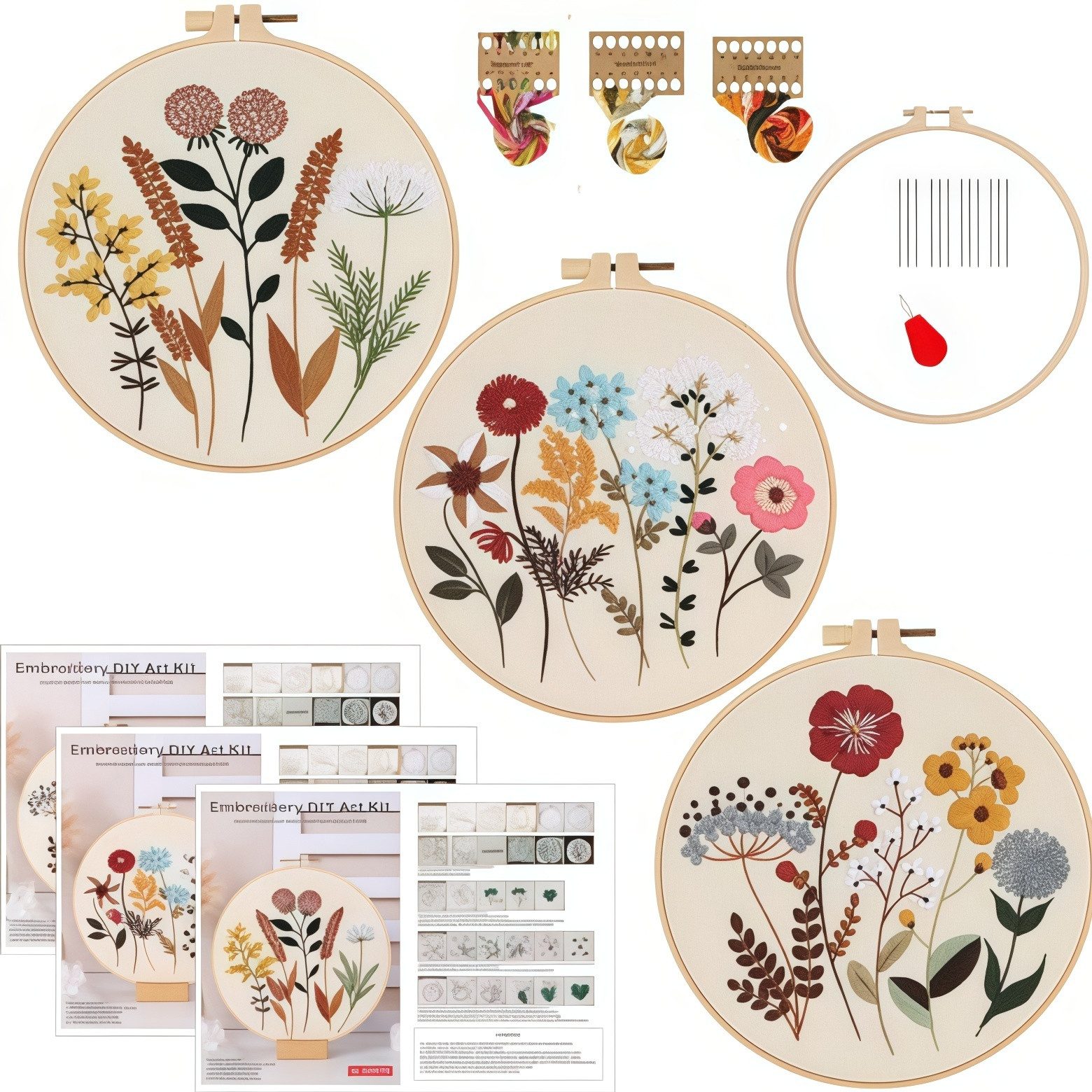 FOUORTUNATE-BEE Kreativset 3-teiliges Stickset für Anfänger mit Stickrahmen, Blumenmotive, DIY Handarbeitsset für Erwachsene – kreatives Kunstprojekt
