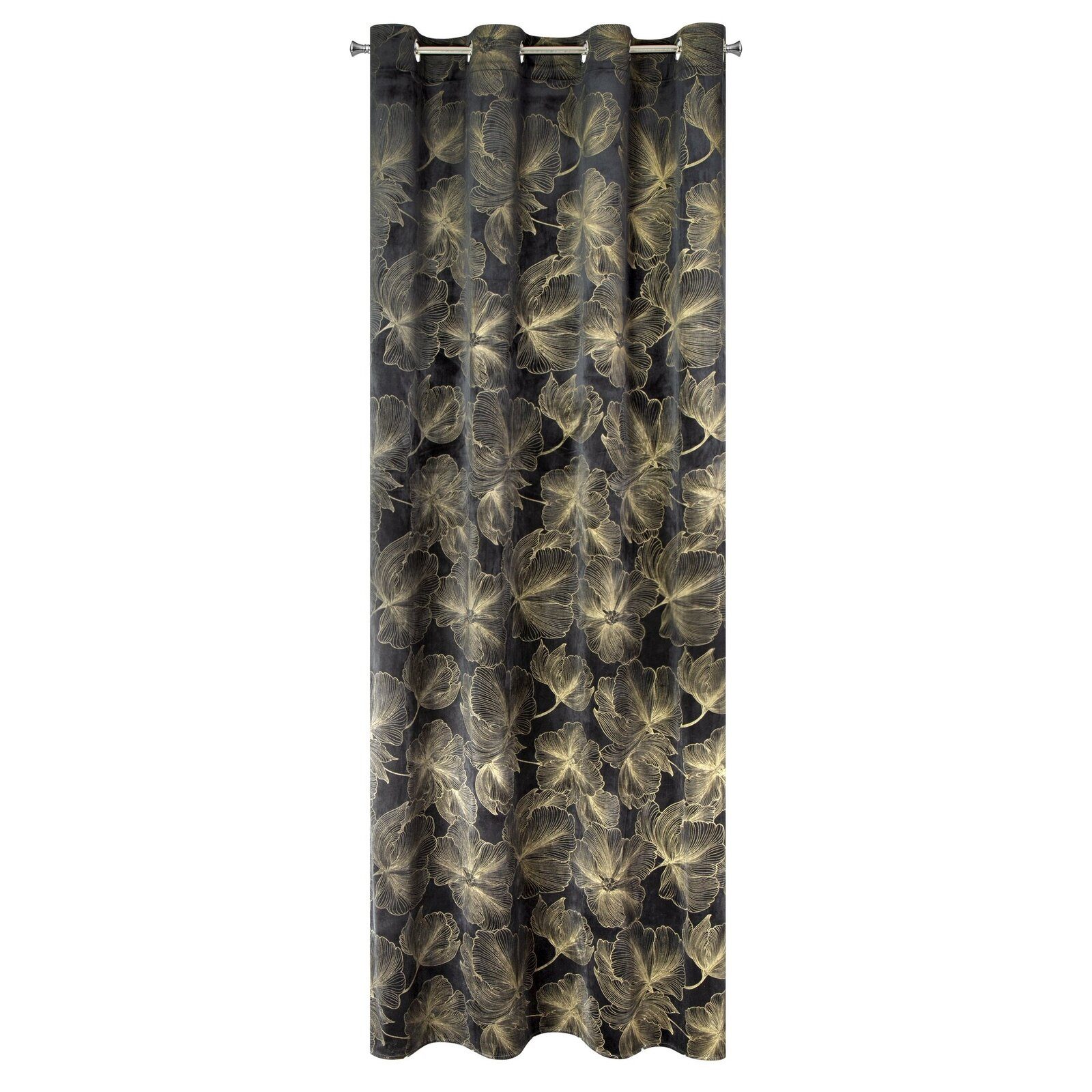 Eurofirany Vorhang Dekovorhang STELLA glänzender Velvet mit Blumenmotiv, Ösen, Samtvorhänge mit floralem Muster, Ösen, Kräuselband