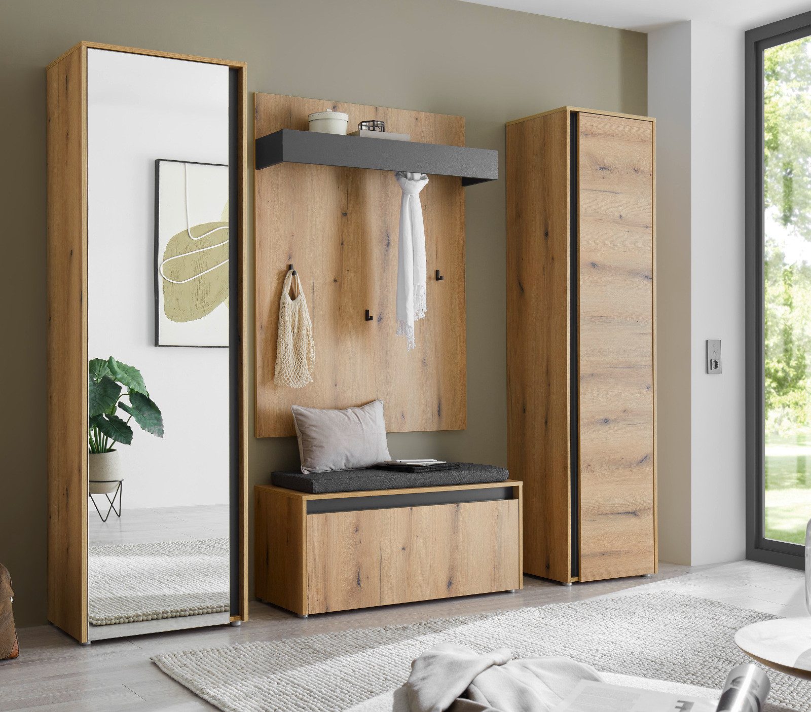Furn.Design Garderoben-Set Center, (Flurgarderobe Komplett-Set in Eiche mit Grau, 5-teilig, 230 x 200 cm), mit Sitzkissen und großem Schuhschrank