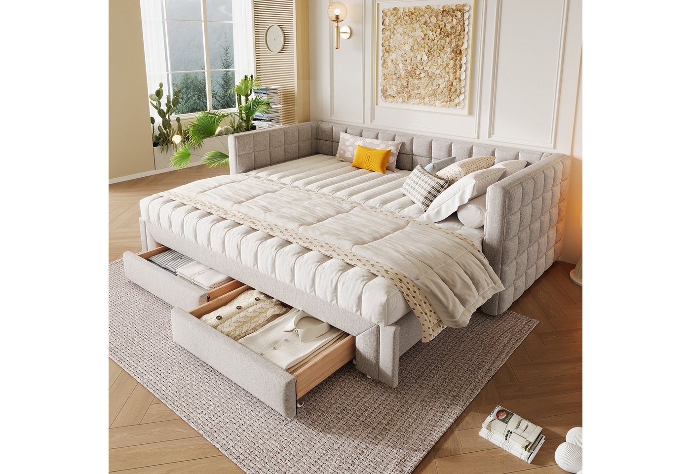 SOFTWEARY Schlafsofa mit Bettfunktion und Schubladen, 90x200cm/180x200cm, Schlafsofa mit Ausziehbett, Polsterbett