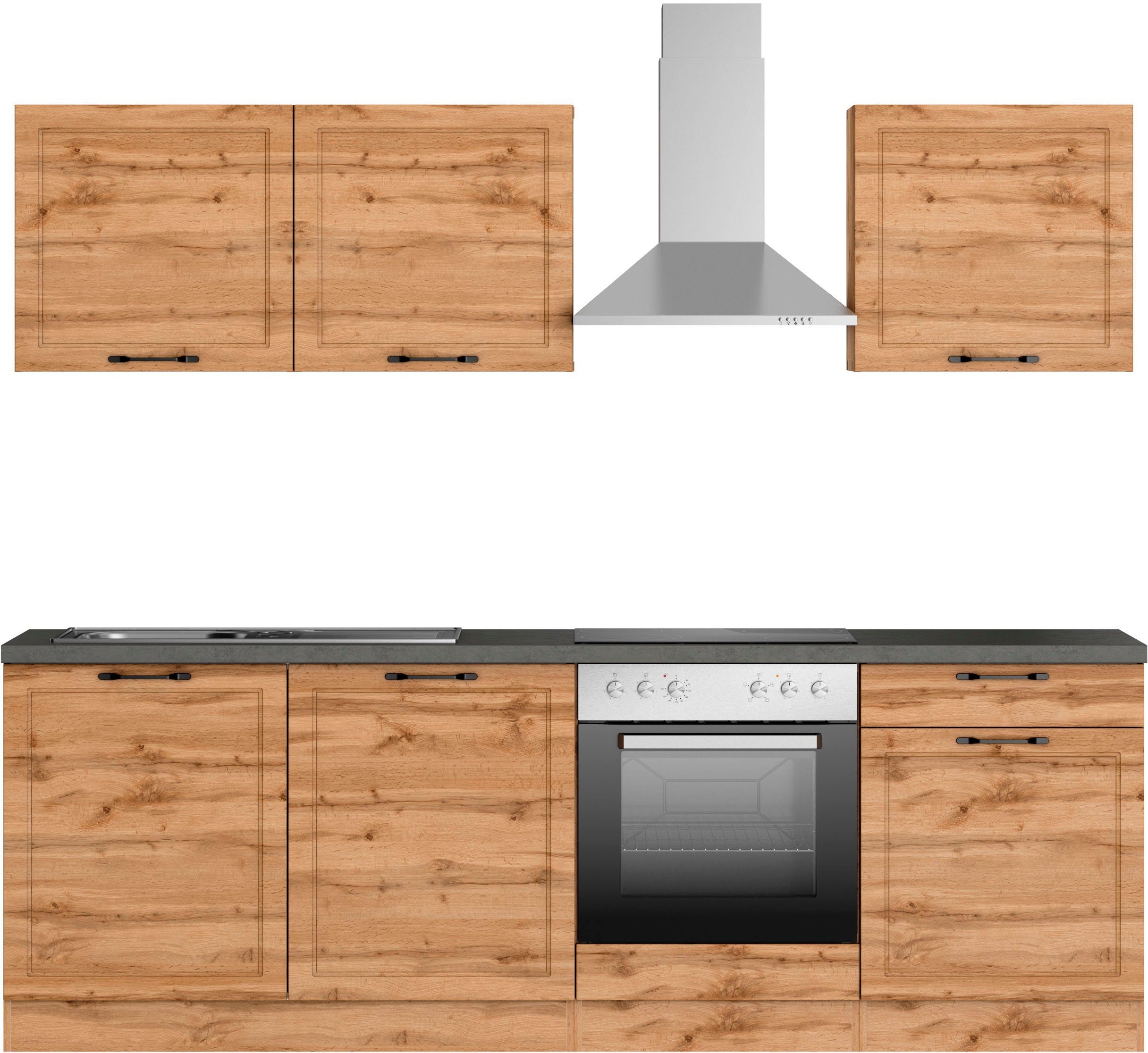 Kochstation Küchenzeile KS-Lani, mit MDF-Fronten, Breite 240 cm, wahlweise mit E-Geräten, Höhen-Ausgleichsfüße 0-4 cm