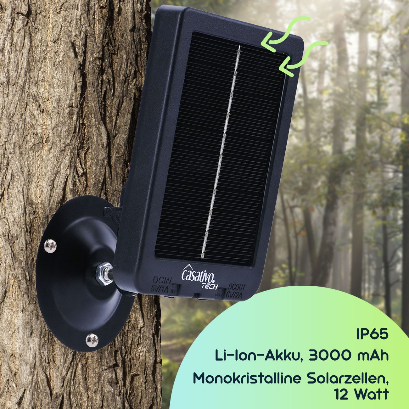 Casativo Solarmodul 12W-Solarpanel 3000mAh Akku für Wildkameras IP65 Mobil 3,5mm Stecker, Wetterfest, mit Monozellen, -20 bis +50 °C Arbeitstemperatur