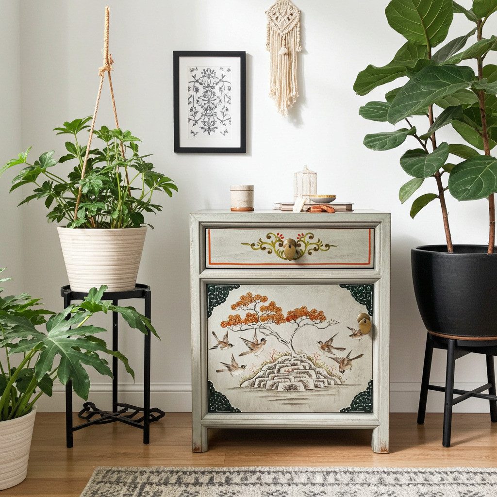 OPIUM OUTLET Nachtkommode Nachttisch Vintage-Stil (Möbel asiatisch orientalisch chinesisch shabby-chic, Breite x Tiefe x Höhe: 45 x 33 x 55 cm, Lieferung komplett montiert), Nachtschrank Schrank Kommode
