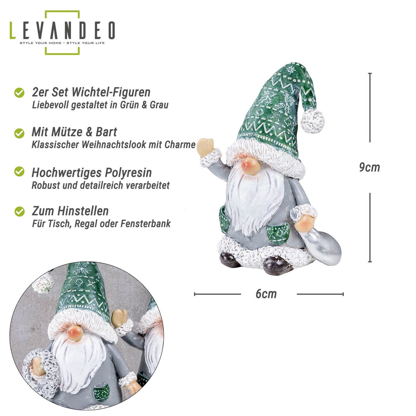 Levandeo® Weihnachtsfigur, 2er Set Wichtel Deko Figuren Kunstharz Grün Grau günstig online kaufen