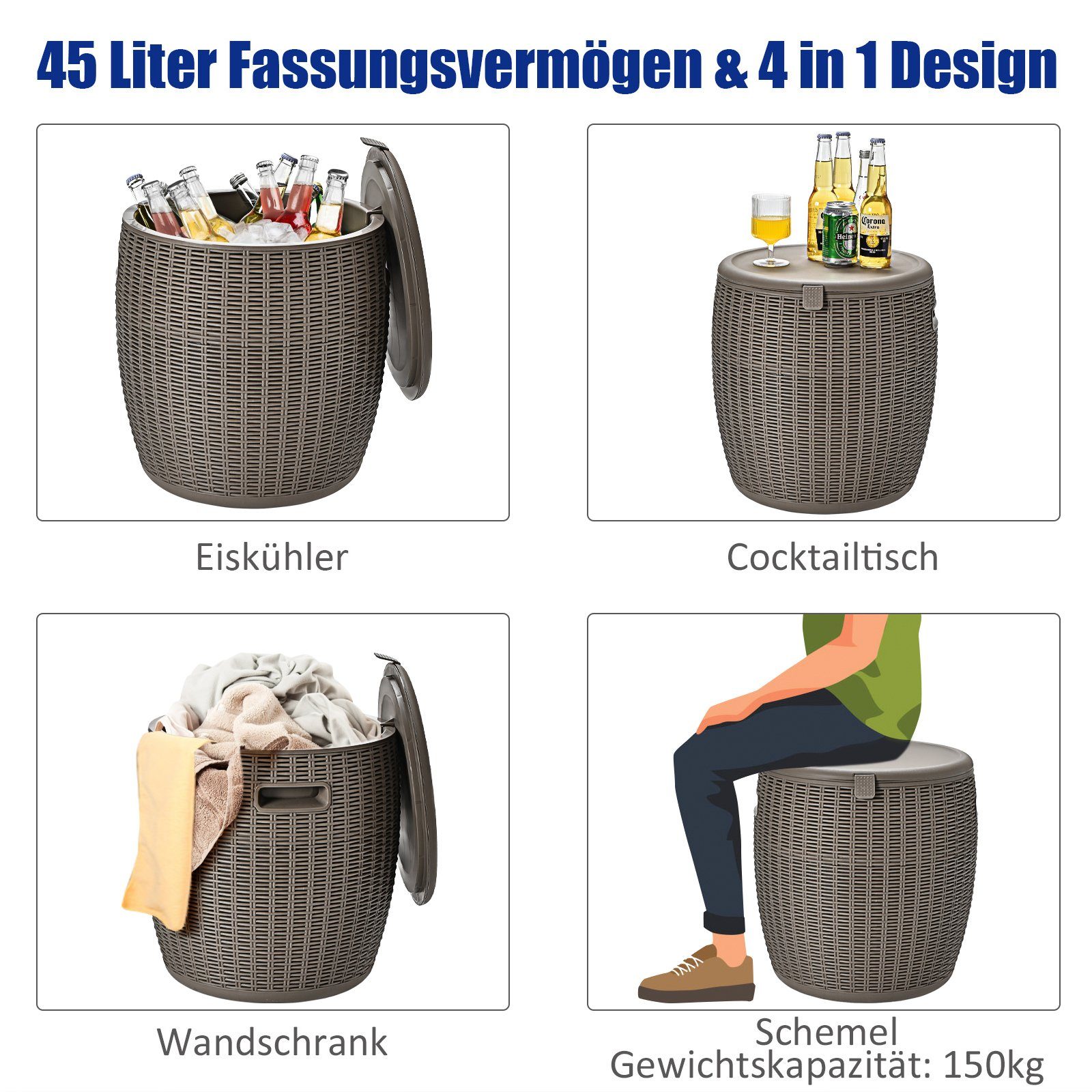 Kühlbox Haken, Braun 150kg, abnehmbarer Gartentisch, 45L, Deckel bis COSTWAY