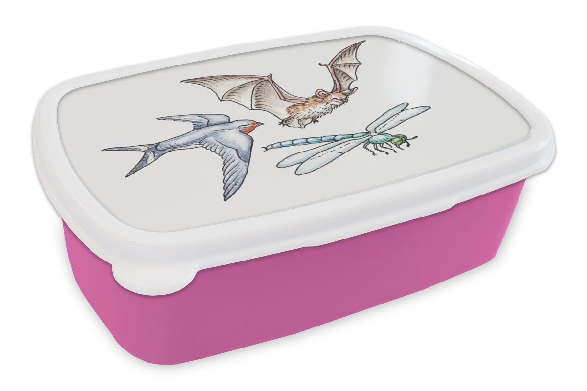 MuchoWow Lunchbox (2-tlg), Kunststoff, Kinder, Mädchen, Aquarell, Snackbox, Erwachsene, Brotbox - Tiere Brotdose Kunststoff rosa Bleistift - für