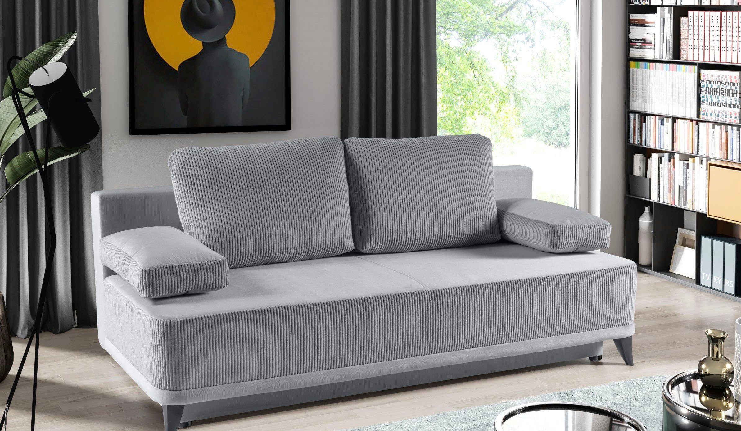 WERK2 Schlafsofa Rosso, 2-Sitzer Sofa und Schlafcouch mit Federkern & Bettkasten Grau | Grau | Grau