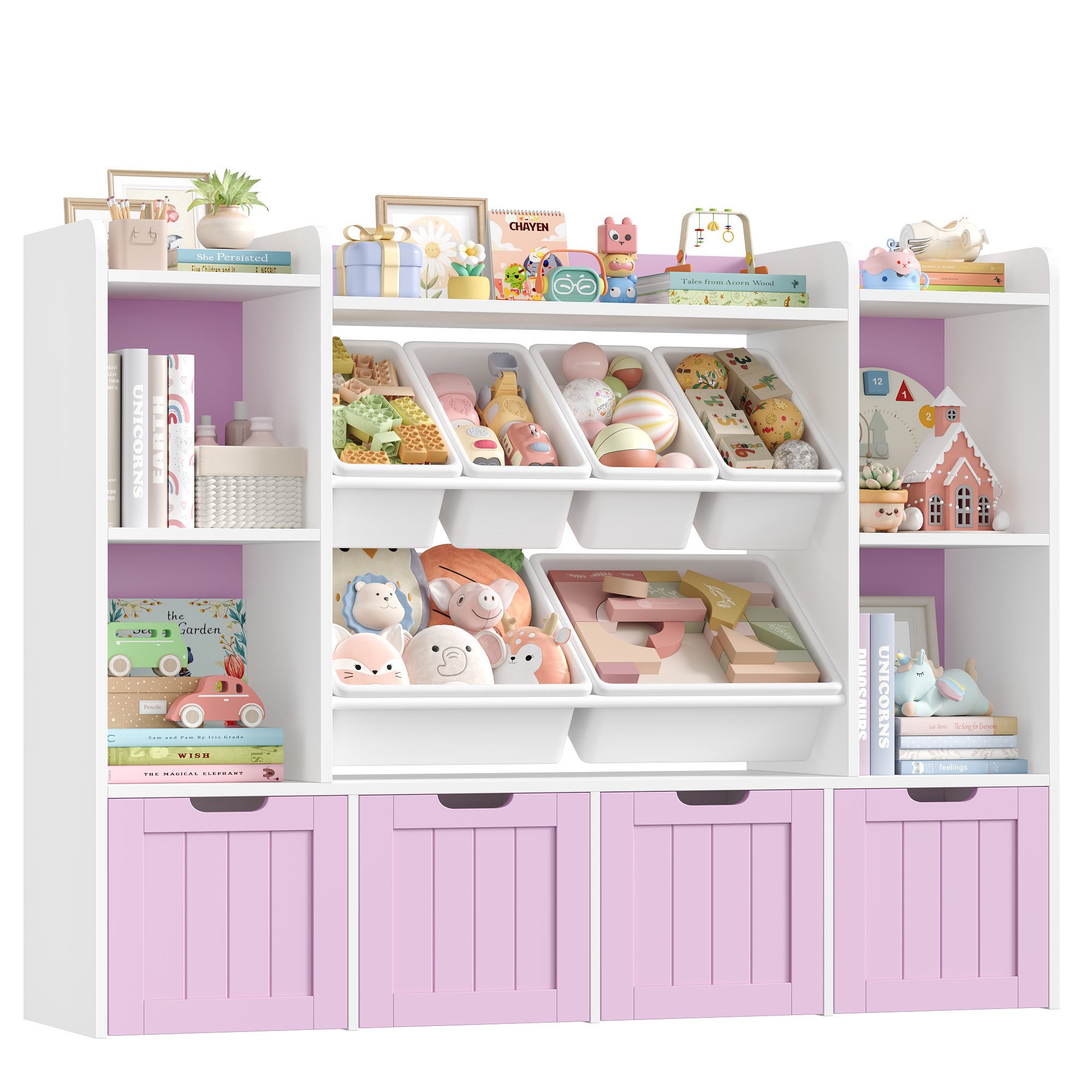 Homfa Kinderregal mit 4 Spielzeugkisten auf Rollen und 6 Boxen, Spielzeugregal mit 7 offenen Fächern Spielzeugtruhe 139.5 x 106 x 30cm