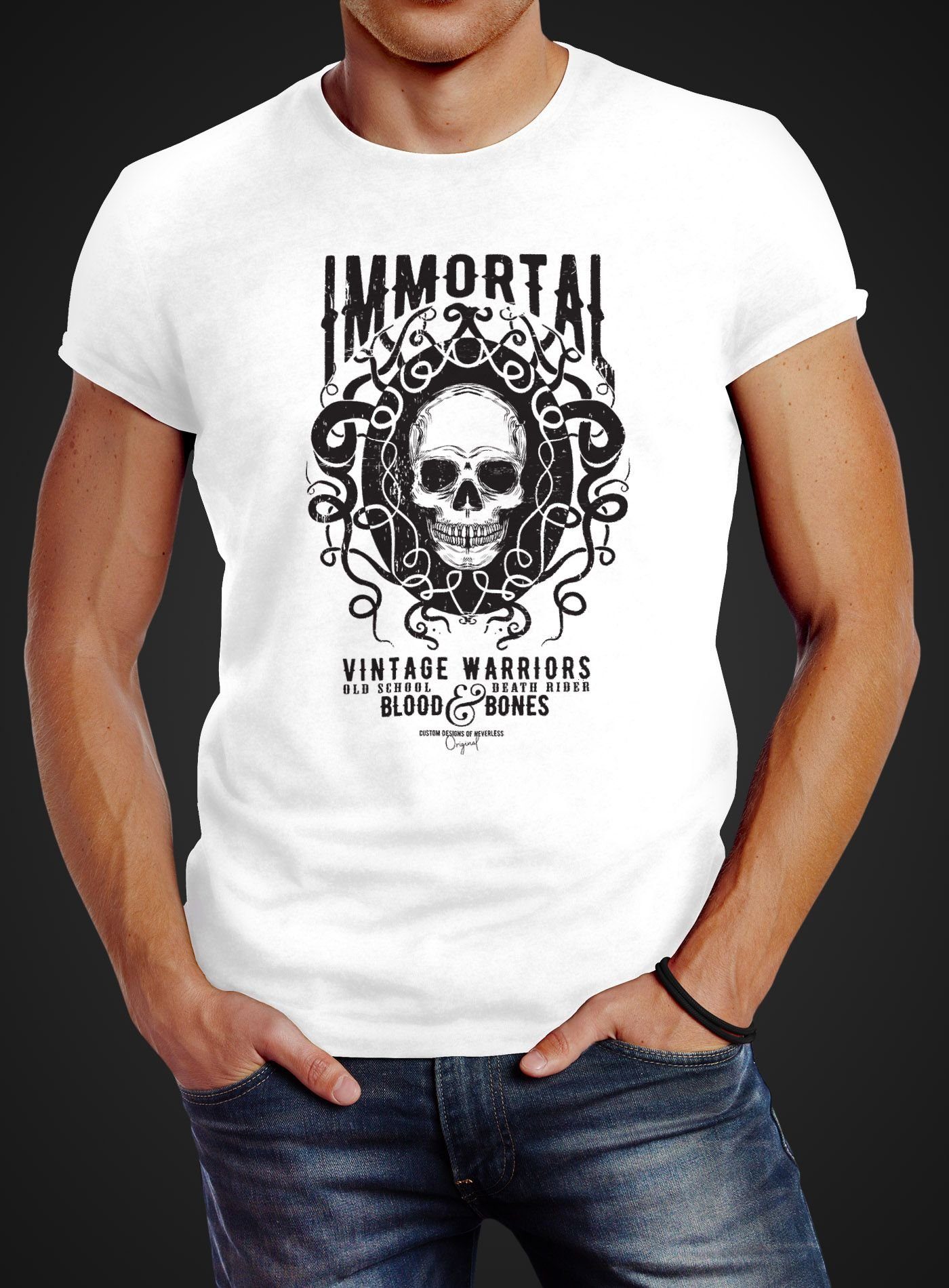 Neverless Print T-Shirt Totenkopf Herren Fit Print-Shirt Vintage Skull Slim mit weiß Warriors Neverless® Immortal