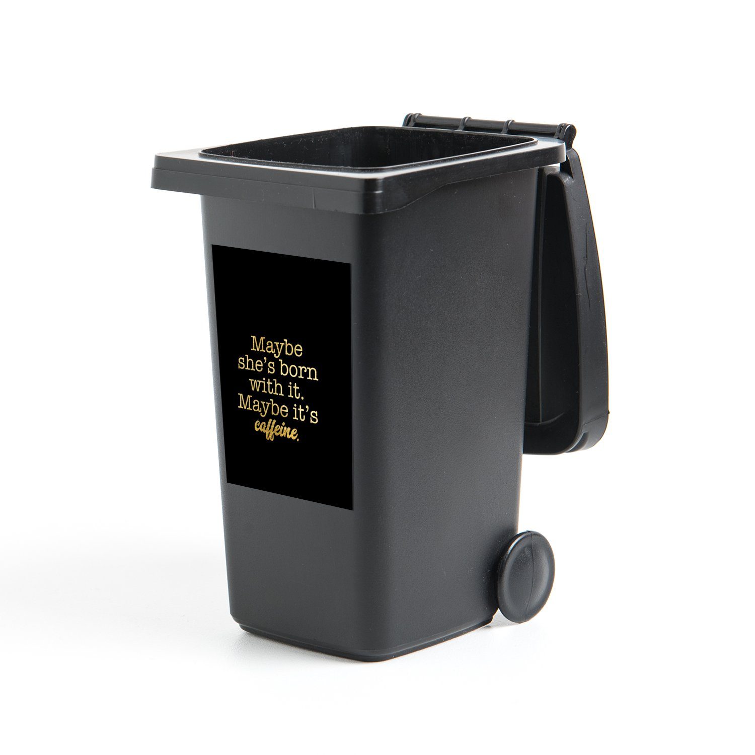 MuchoWow Wandsticker Zitate - Koffein - Gold - Schwarz (1 St), Mülleimer-aufkleber, Mülltonne, Sticker, Container, Abfalbehälter | Wandtattoos