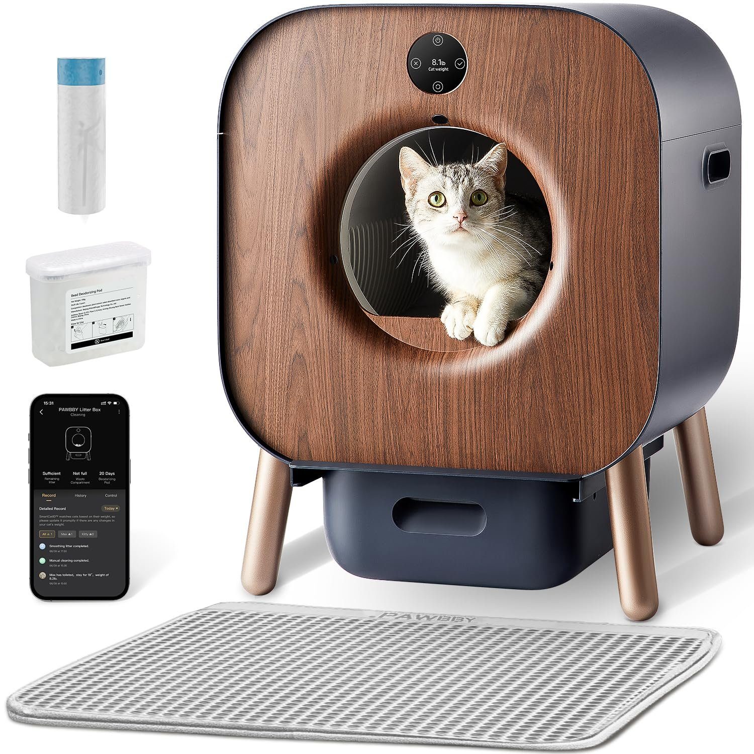 PAWBBY Katzentoilette P1 Ultra Selbstreinigend,Anti-Klemm/Pflanzendesodorierendes, TÜV-Zertifizierung, App-Steuerung, Extra Groß für Mehrere Katzen