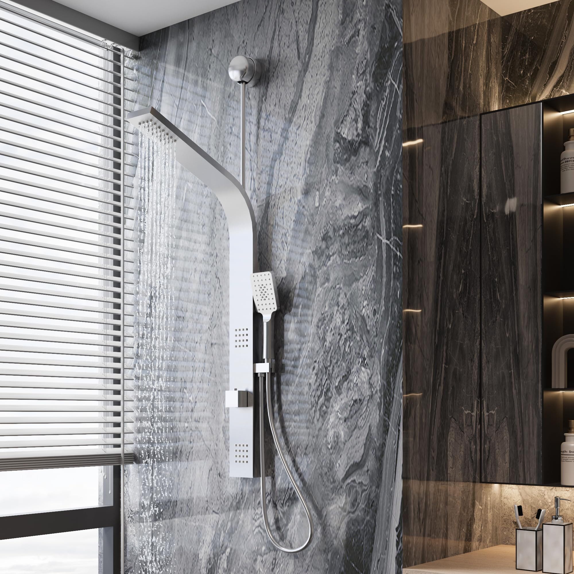 GarveeMore Duschsystem aus 304 Edelstahl mit 5 Strahlart & 3-fach Handbrause, 51 cm Arm, für Badezimmer, Dusche, gebürstet, Silber