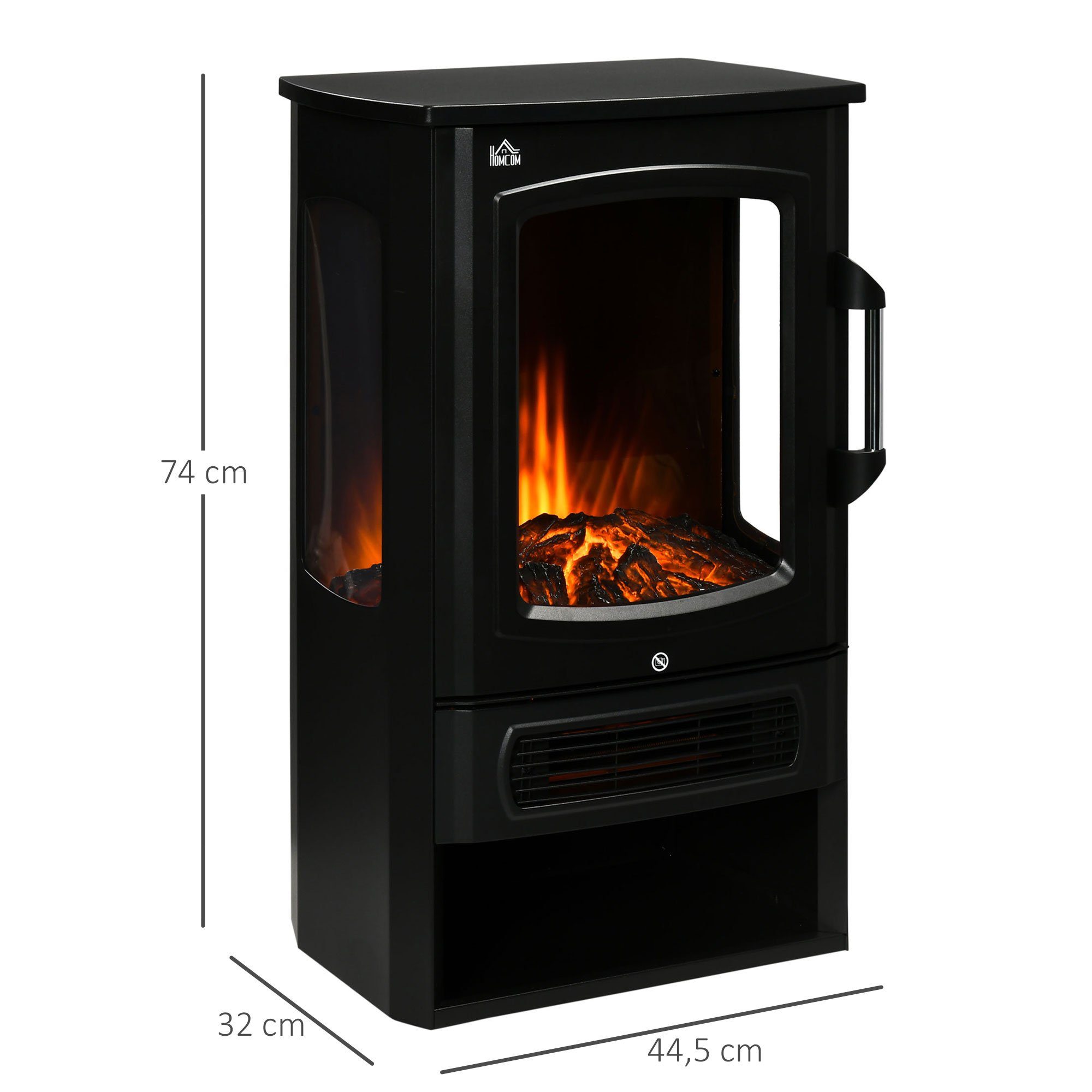 HOMCOM Elektrokamin LED Standkamin mit Flammeneffekt Innenraumheizung Stahl Schwarz, 2 Heizstufen, 1000,2000W