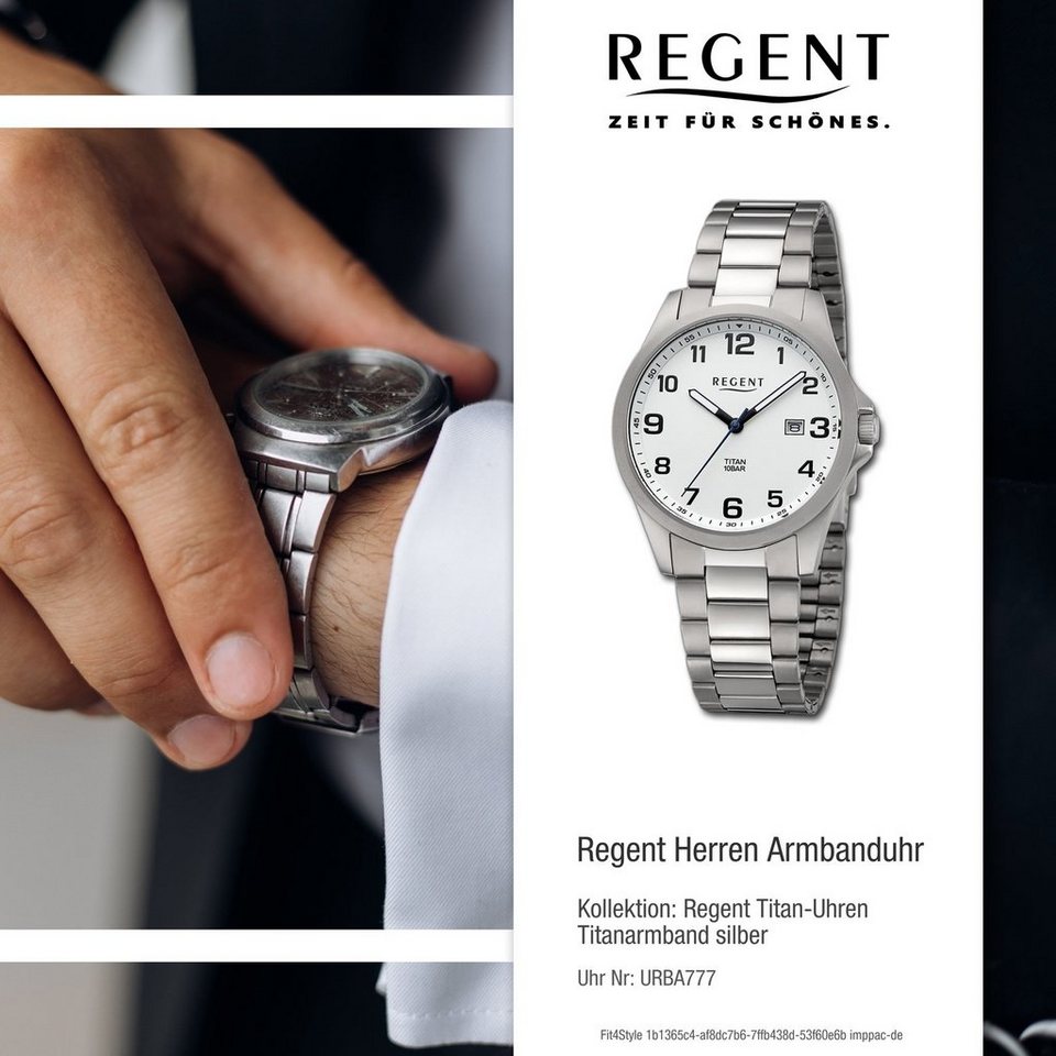 Regent Quarzuhr Regent Herren Armbanduhr Analog, Herrenuhr Titanarmband  silber, rundes Gehäuse, extra groß (ca. 39mm)