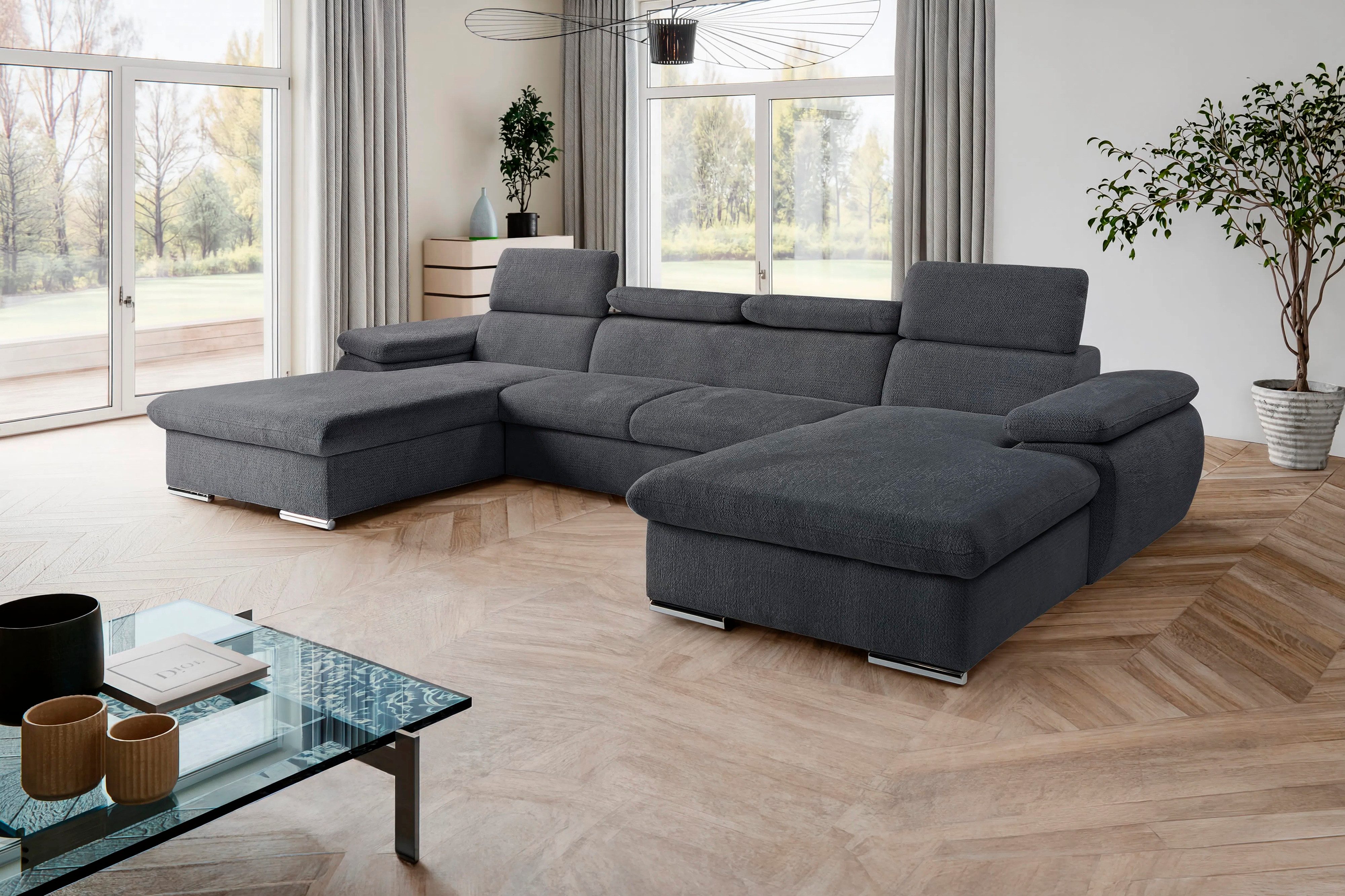WERK2 Wohnlandschaft Carlo XXL mit Schlaffunktion, Bettkasten & 4 verstellbare Kopfstützen, U-Form Sofa mit großzügiger Liegefläche in 276 …