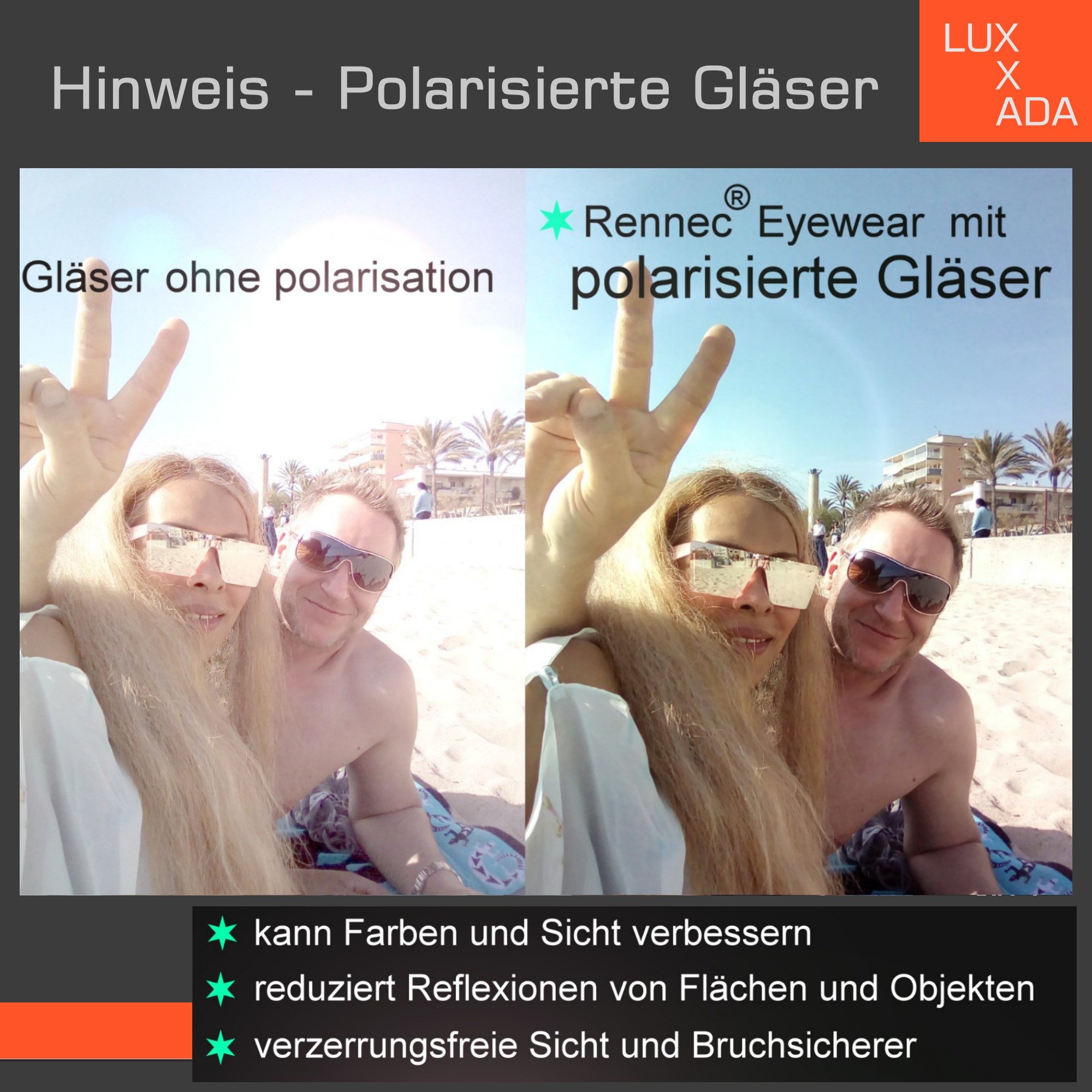 Rennec Sonnenbrille Herren Markenbrille Polarisiert Rechteckig mit Brillenbeutel Gläser Türkis Verspiegelt Markenschriftzug Stabile Bügelgelenke – Bild 5 von 5