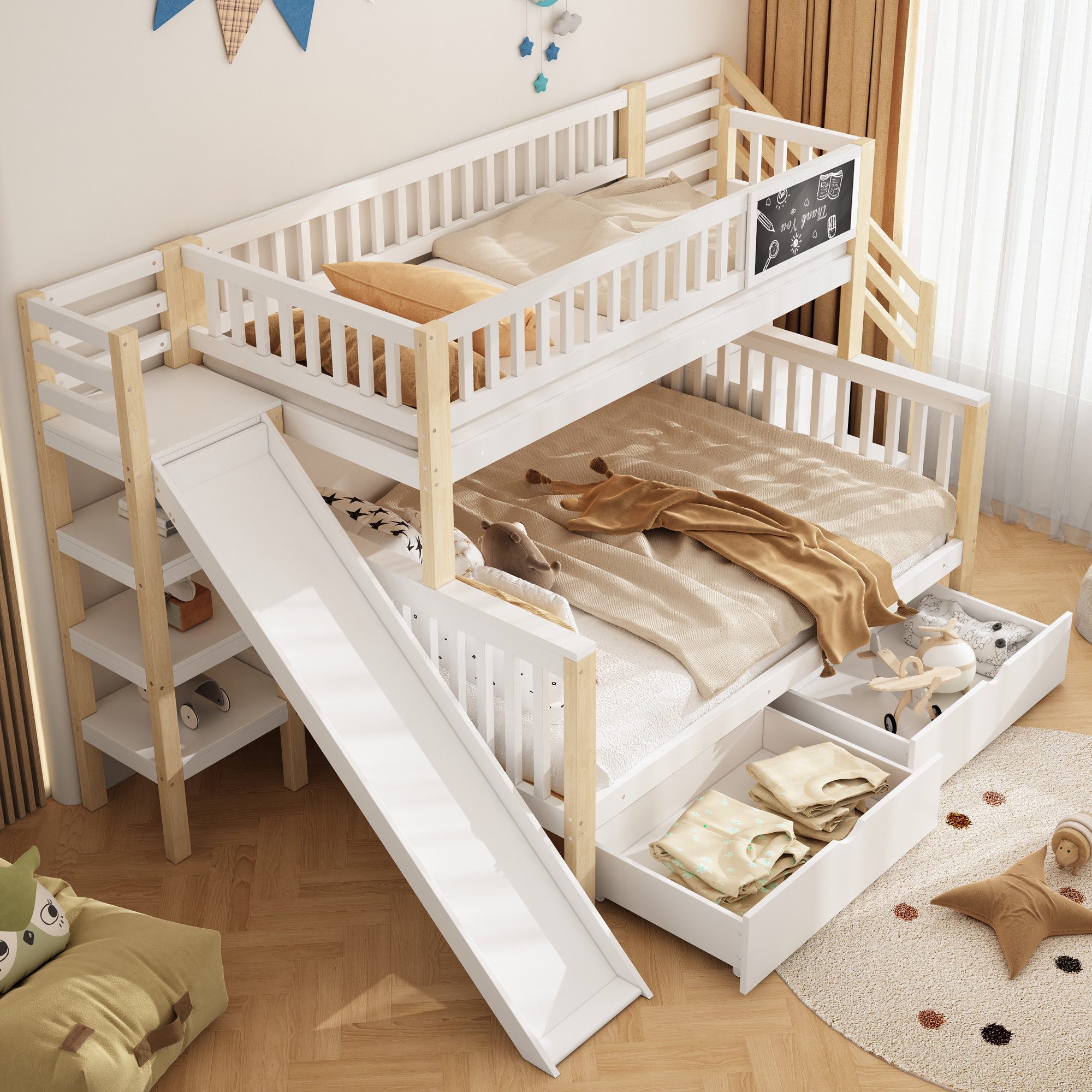 Flieks Etagenbett, Kinderbett 90x200cm+140x200cm mit Tafel, günstig online kaufen