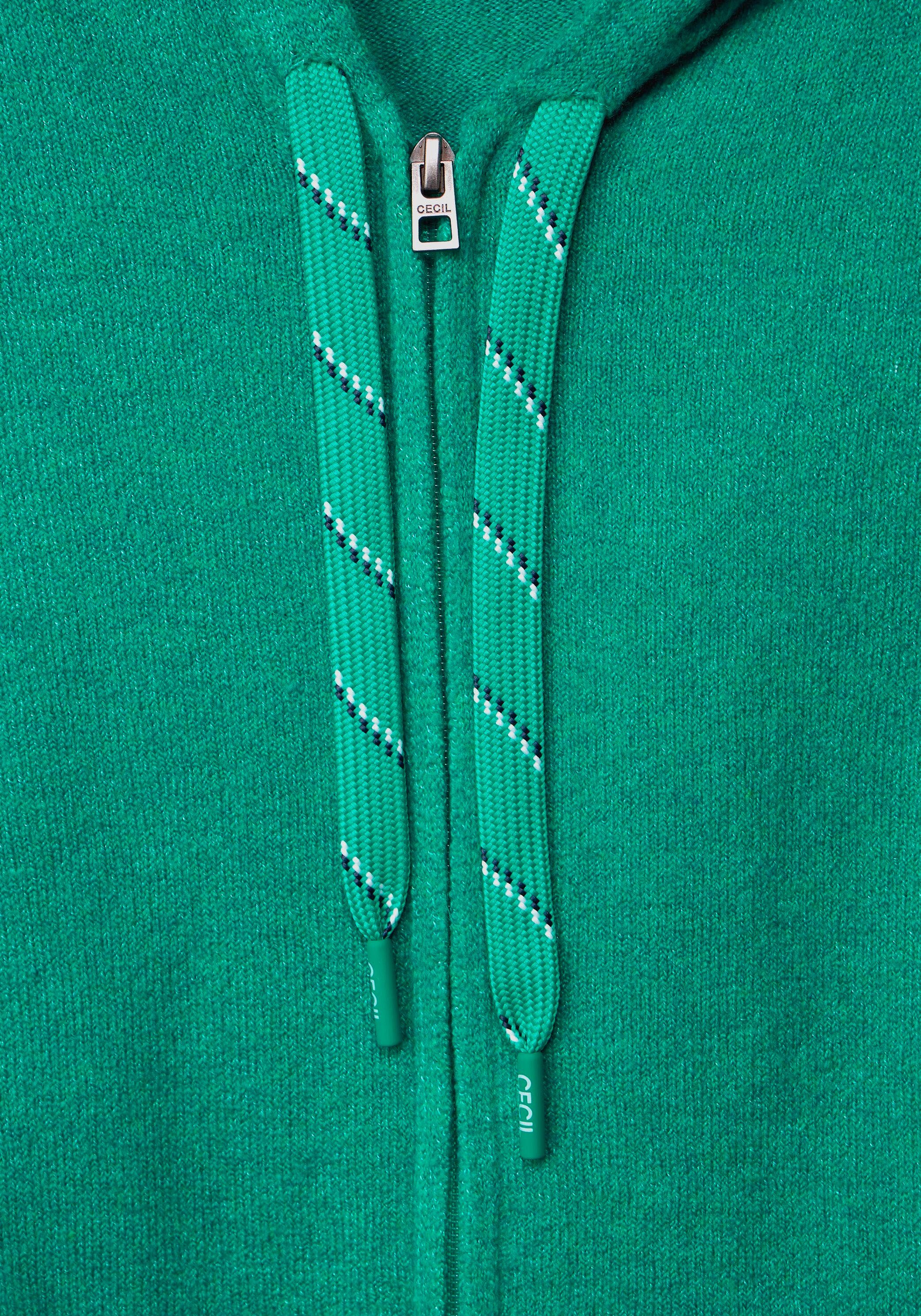 Cecil Strickjacke Cosy smaragd Zip mit melange green Cardigan Kapuze Reißverschluss und