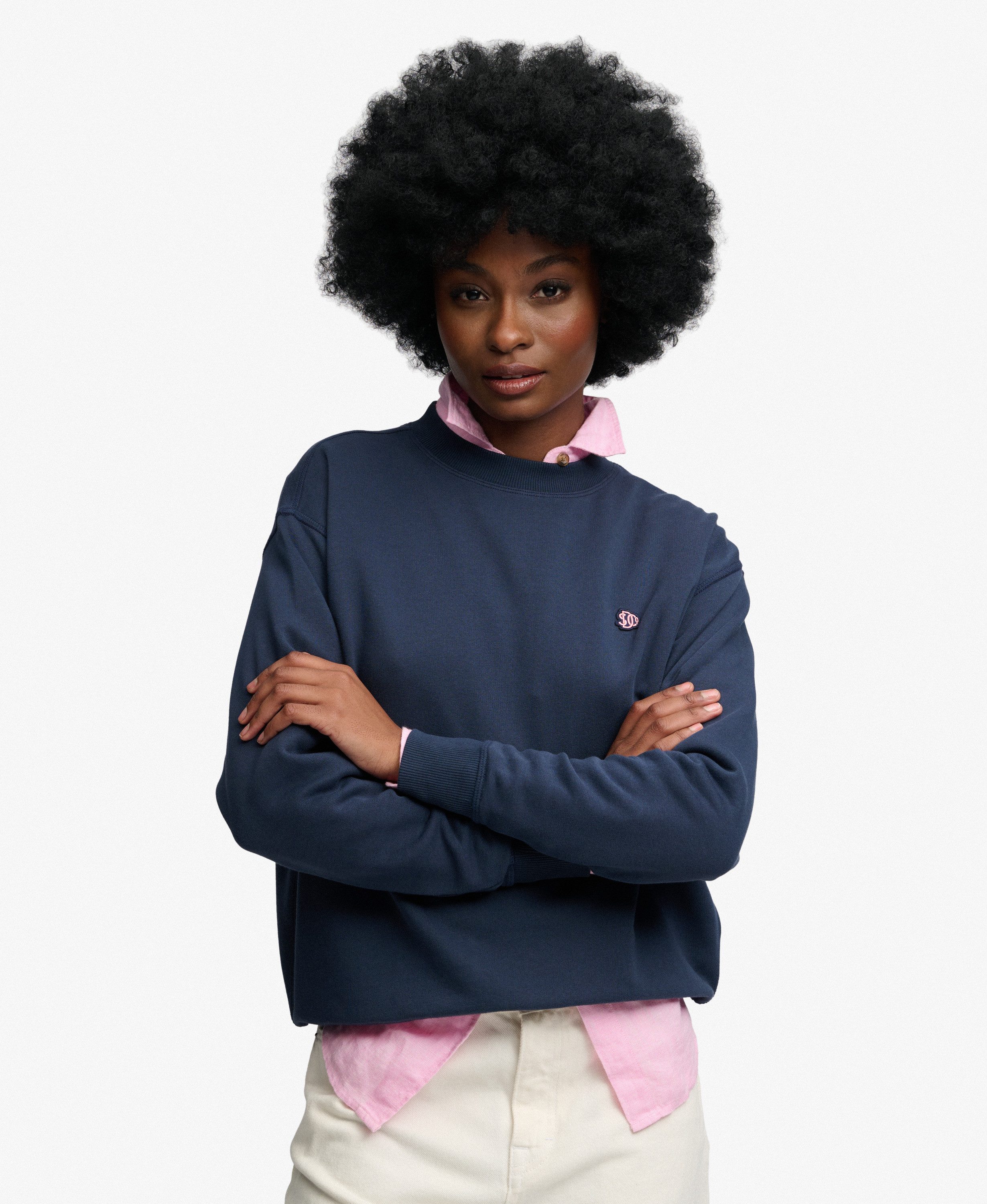 Superdry Damen Baumwolle Logo Badge Essential Heritage Rundhals-Sweatshirt Lockere Passform, Marineblau, Größe: 44