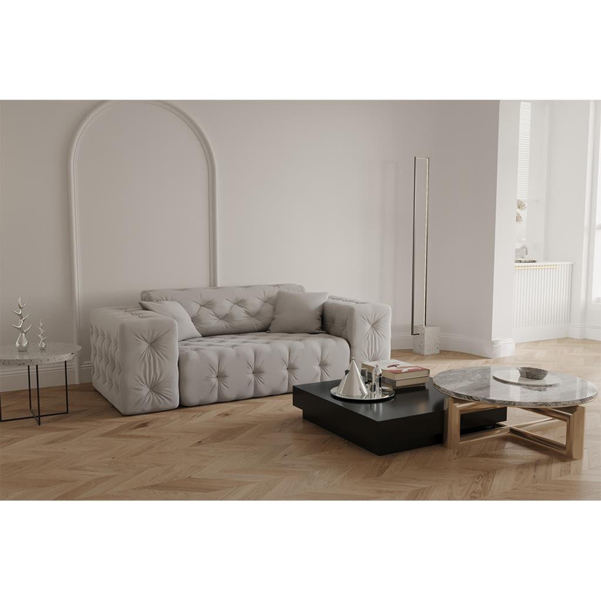 Beautysofa 2-Sitzer Moreno, 2-Sitzer Sofa mit Wellenfedern auf Velvetstoff, im Chesterfield-Design, mit hochwertiger Knopfheftung Opera light grey