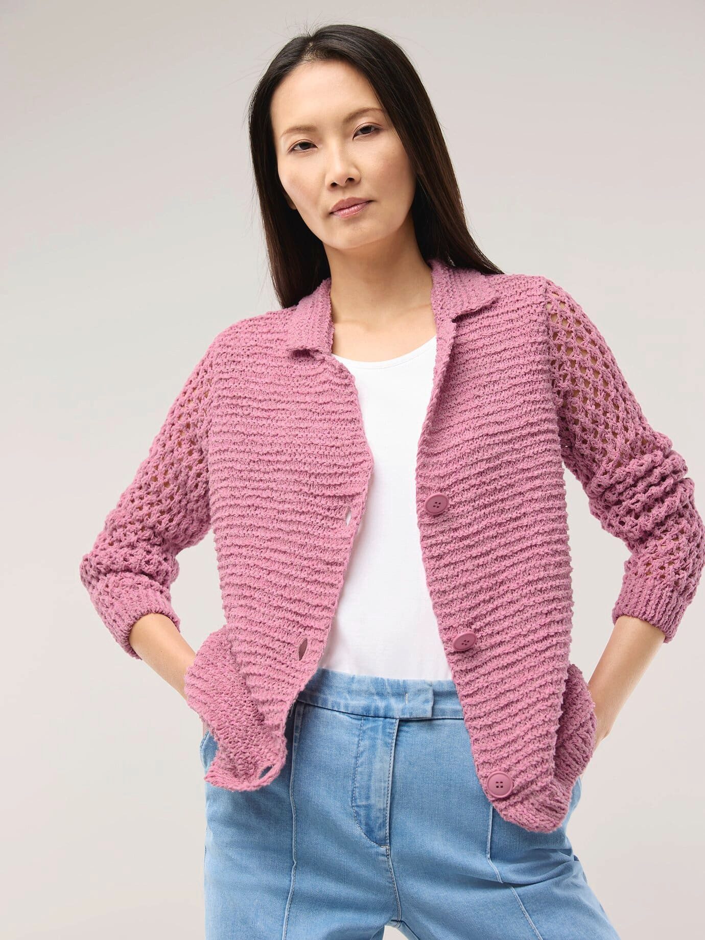 Walbusch Strickjacke Damen Strickjacke mit Leinen Reverskragen Knopfleiste Leinenmix-Cardigan aus italienischem Bändchengarn, pflegeleicht