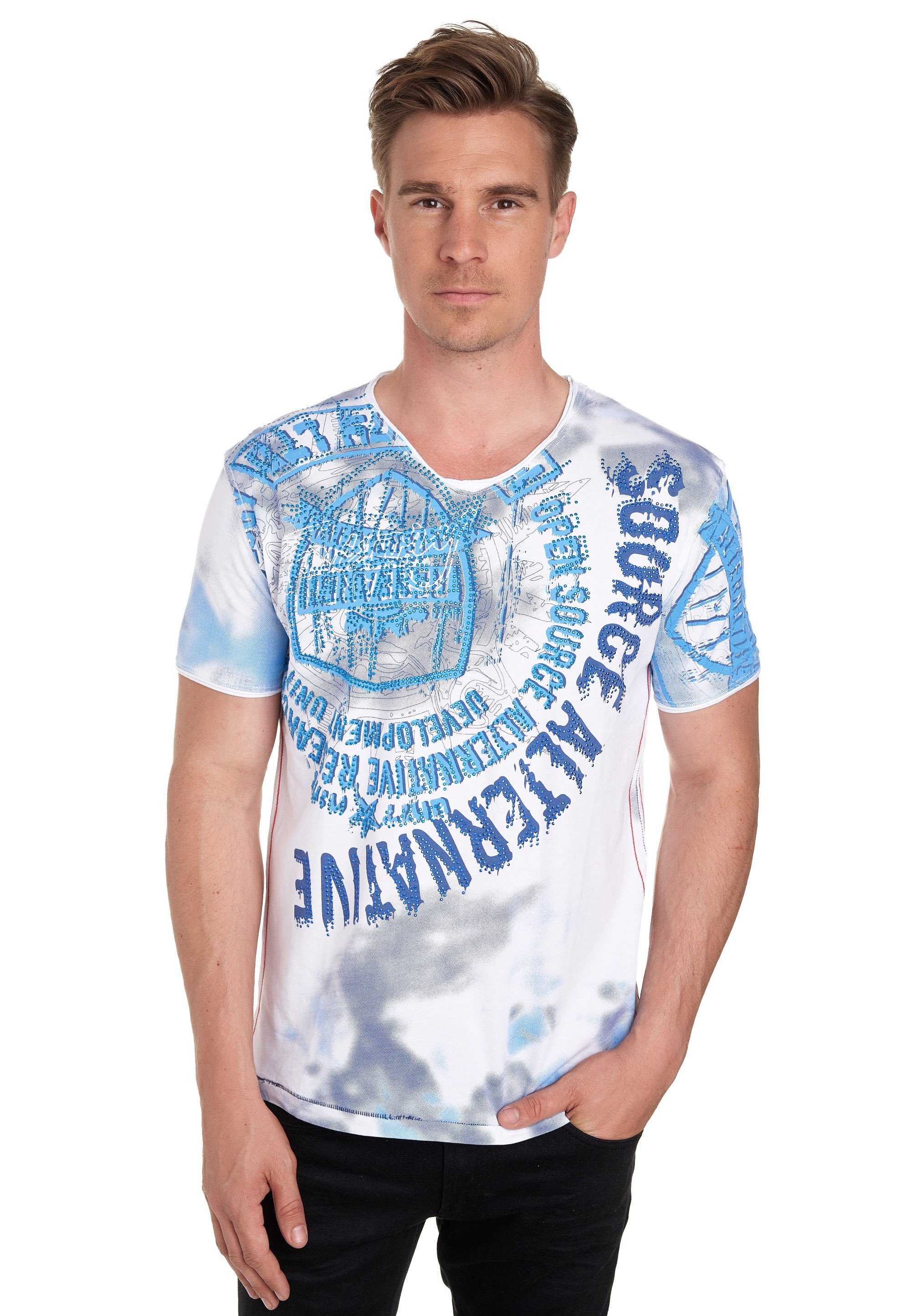 Rusty Neal T-Shirt mit Strasssteinen und Frontprint weiß-blau