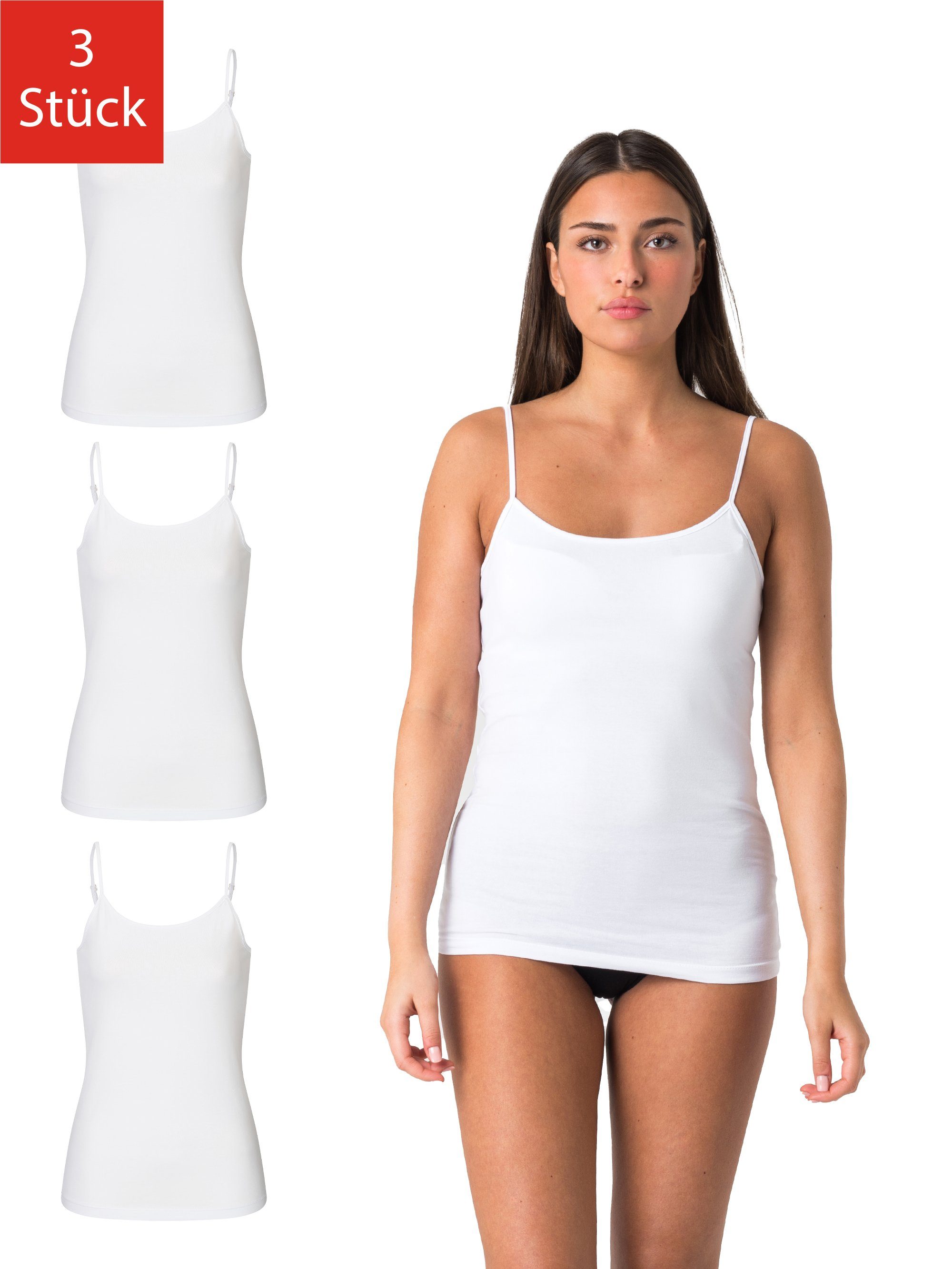 Elsie Unterhemd Damen Spaghetti Top (Packung, Tank 3er-Pack) Top Verstellbarem 3-St., Träger 95% Stretch mit aus Tanktop Baumwolle Weiss