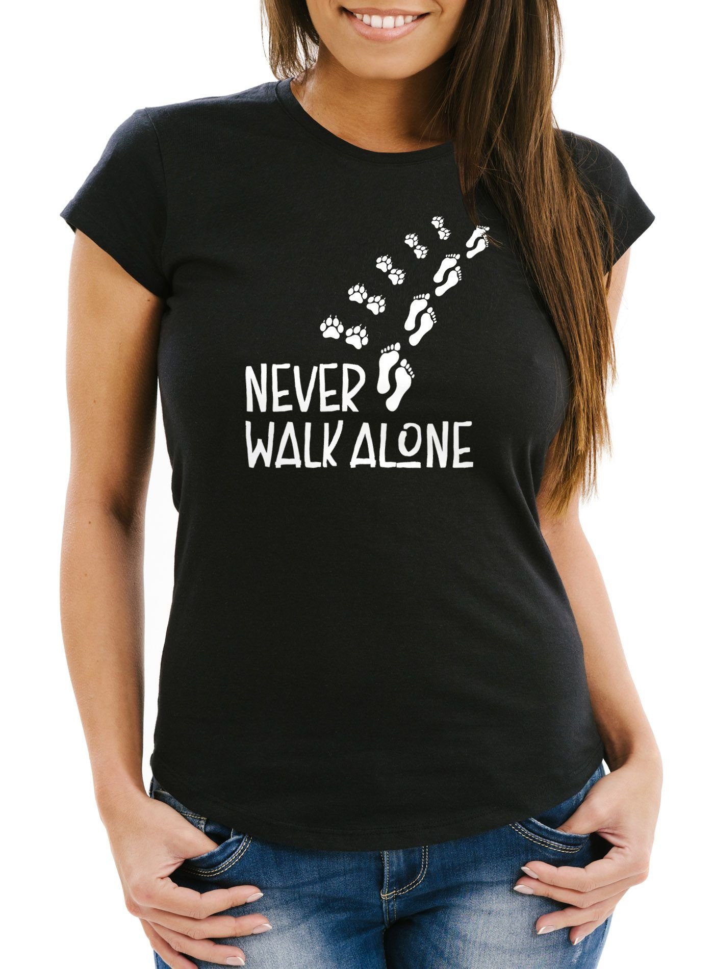 MoonWorks Print-Shirt Damen T-Shirt Never walk alone Hund Pfoten Hundepfoten Pfotenabdrücke Hundebesitzer Slim Fit Moonworks® mit Print