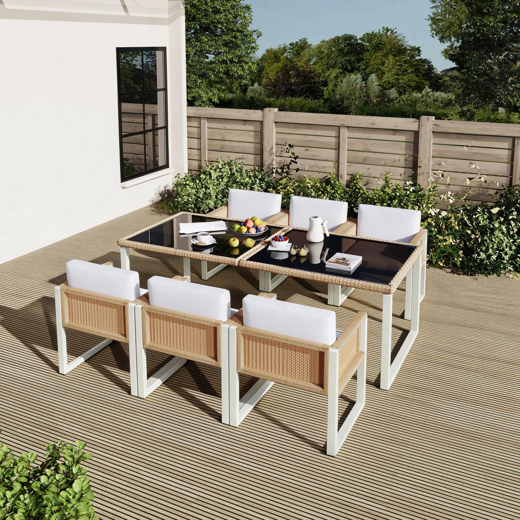 BlingBin Gartenlounge-Set Polyrattan Garten Essgruppe 7-tlg. (6 Stühle + Tisch 170x80), (1-tlg., wetterfestes Rattanmöbel-Set mit 8,5 cm Sitzkissen, Glasplatte), abziehbaren waschbaren Bezügen & verstellbaren Füßen