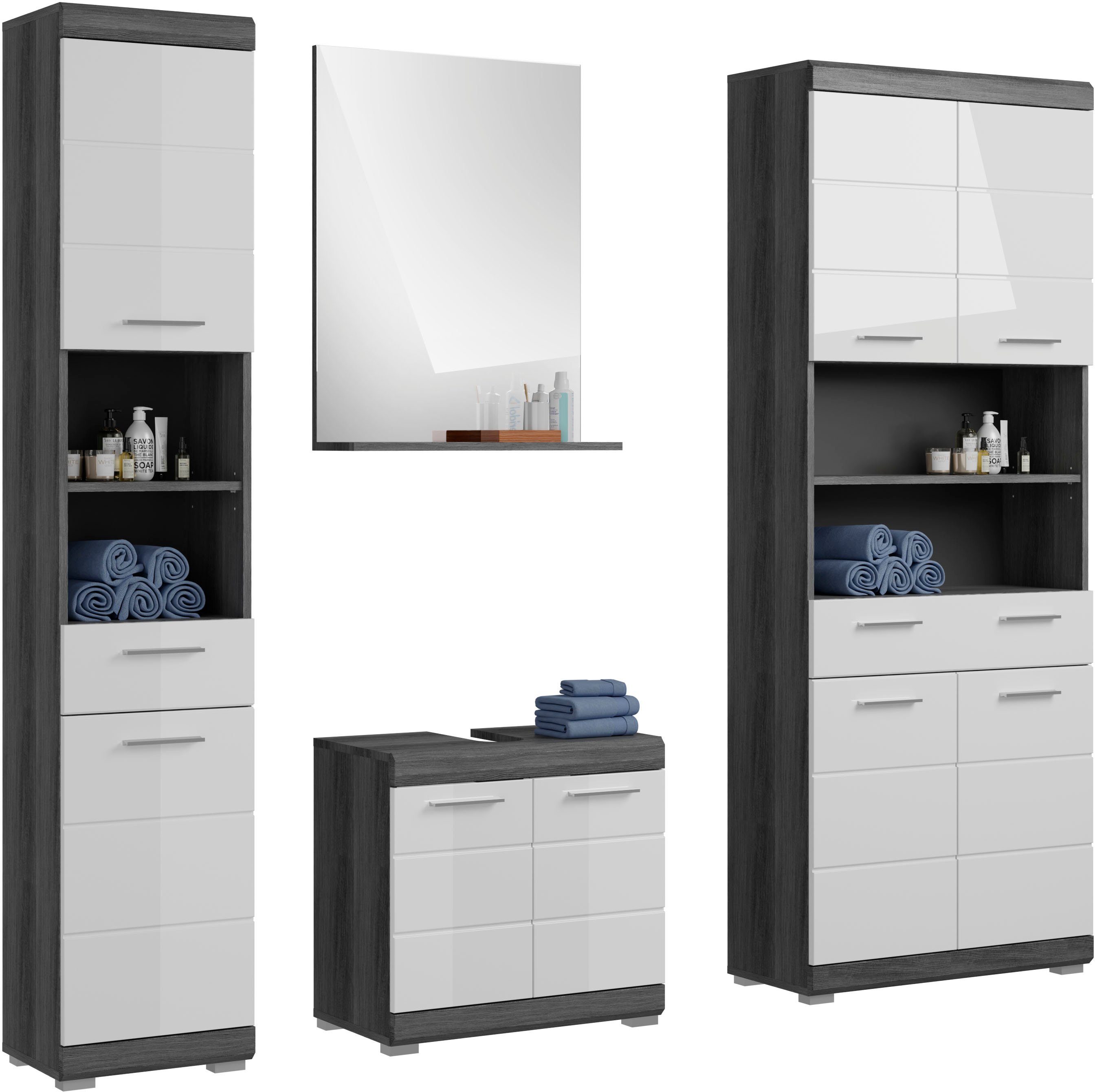 welltime Badmöbel-Set Siena, 4 teilig, bestehend aus:, (Set, 4-St., TOPSELLER), Hochschrank, Waschbeckenunterschrank, Badspiegel, Hochschrank breit