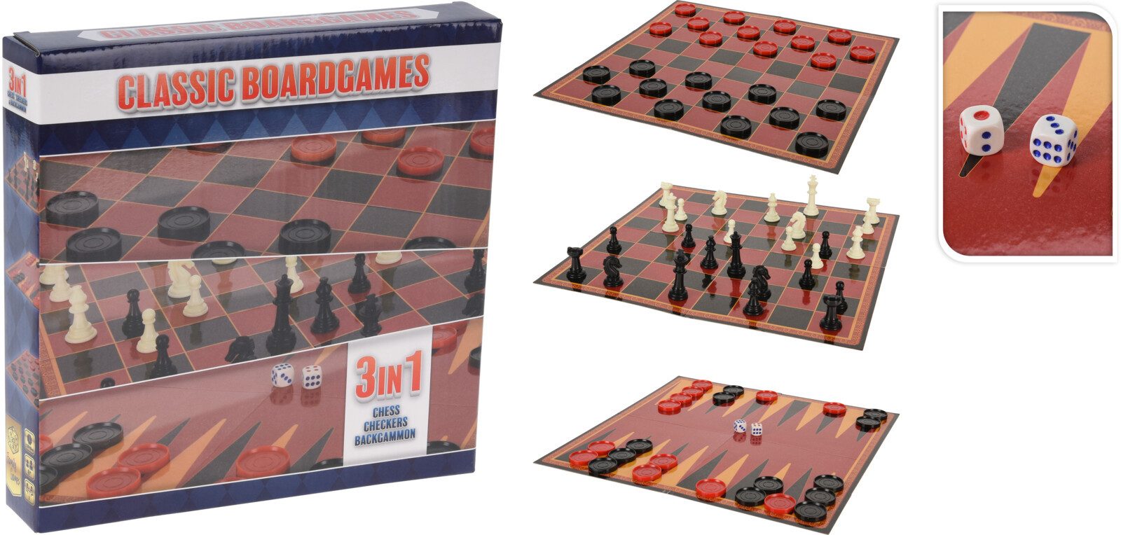 Koopman Spiel Reisespiel Familienspiel Brettspiel 3 IN 1 Schach Dame Backgammon, Brettspiel, 3in1, Karton Spielfeld, 30x30cm, Faltbar, Reisegröße