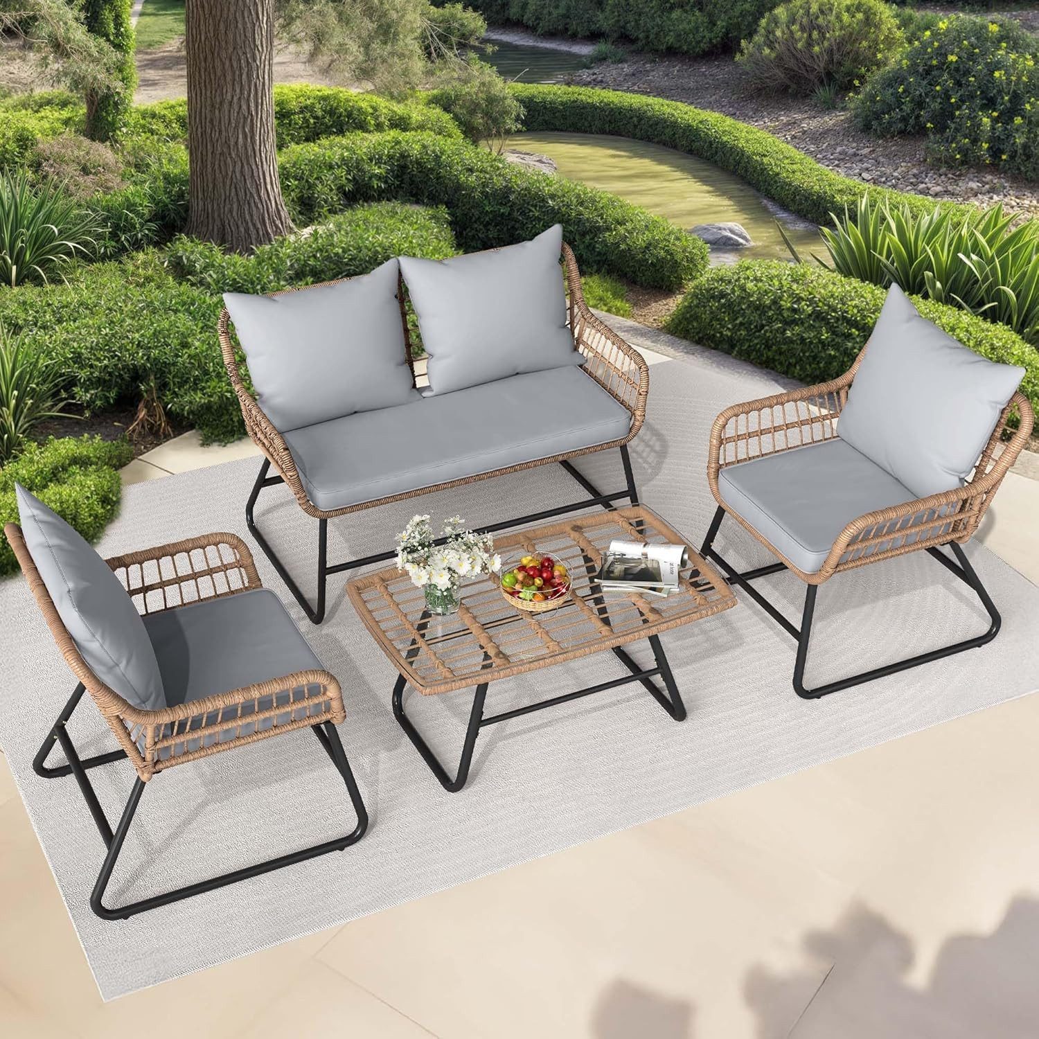 GarveeMore Gartenlounge-Set 4-TLG,Rattan Balkonmöbel Set mit Tisch,Sofa und 2 Stühlen, Gusseisen, Sitzgruppe für Garten, Balkon, Außen