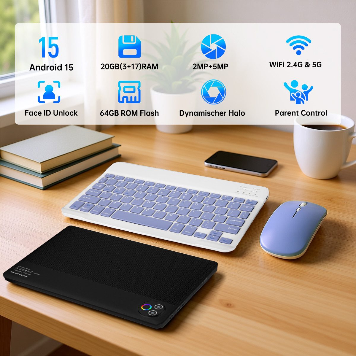 Happybe 10’’ HD Android 15, 20(3+17)GB RAM, 64GB, WiFi6 mit Tastatur und Stift Tablet (10", 64 GB, Android, WiFi6, Großbs Display Tablet mit Stift, Tastatur und Maus, Widevine L1)