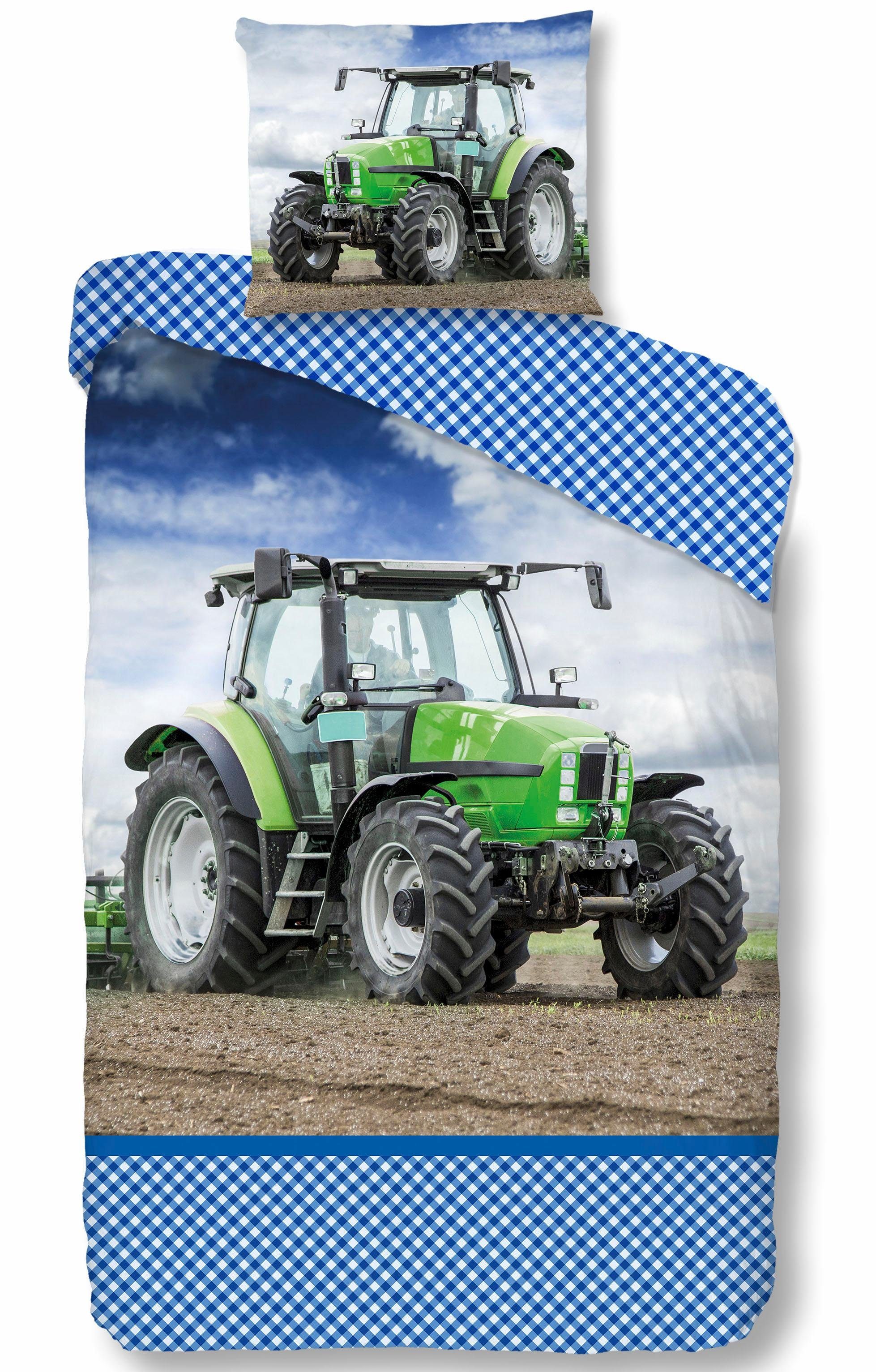 good morning Kinderbettwäsche Strong, Renforcé, 2 teilig, Baumwolle, 135x200, Reißverschluss, Wendeoptik, Kind, Junge, Traktor