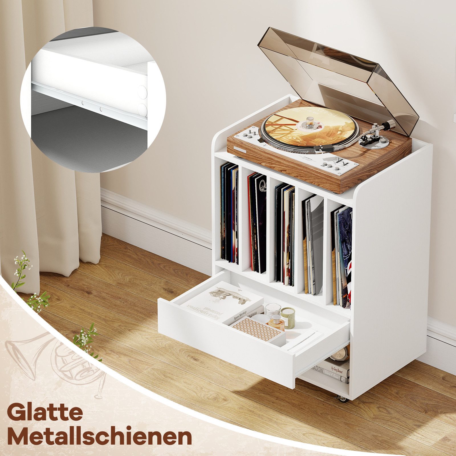 COSTWAY Nachttisch Plattenspielerständer Beistelltisch mit Rollen, 5 Fächern, Schublade – Bild 4 von 5