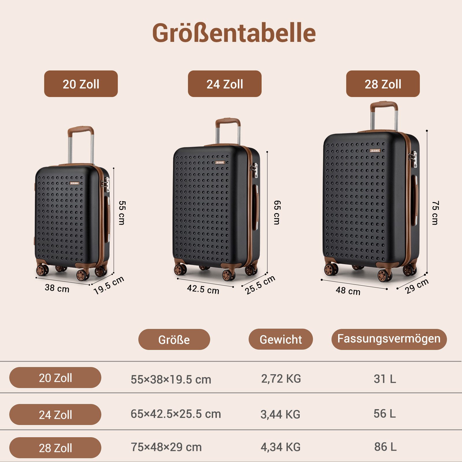 KONO Koffer Hartschalenkoffer Reisekoffer Trolleys 100% ABS Handgepäck Koffer